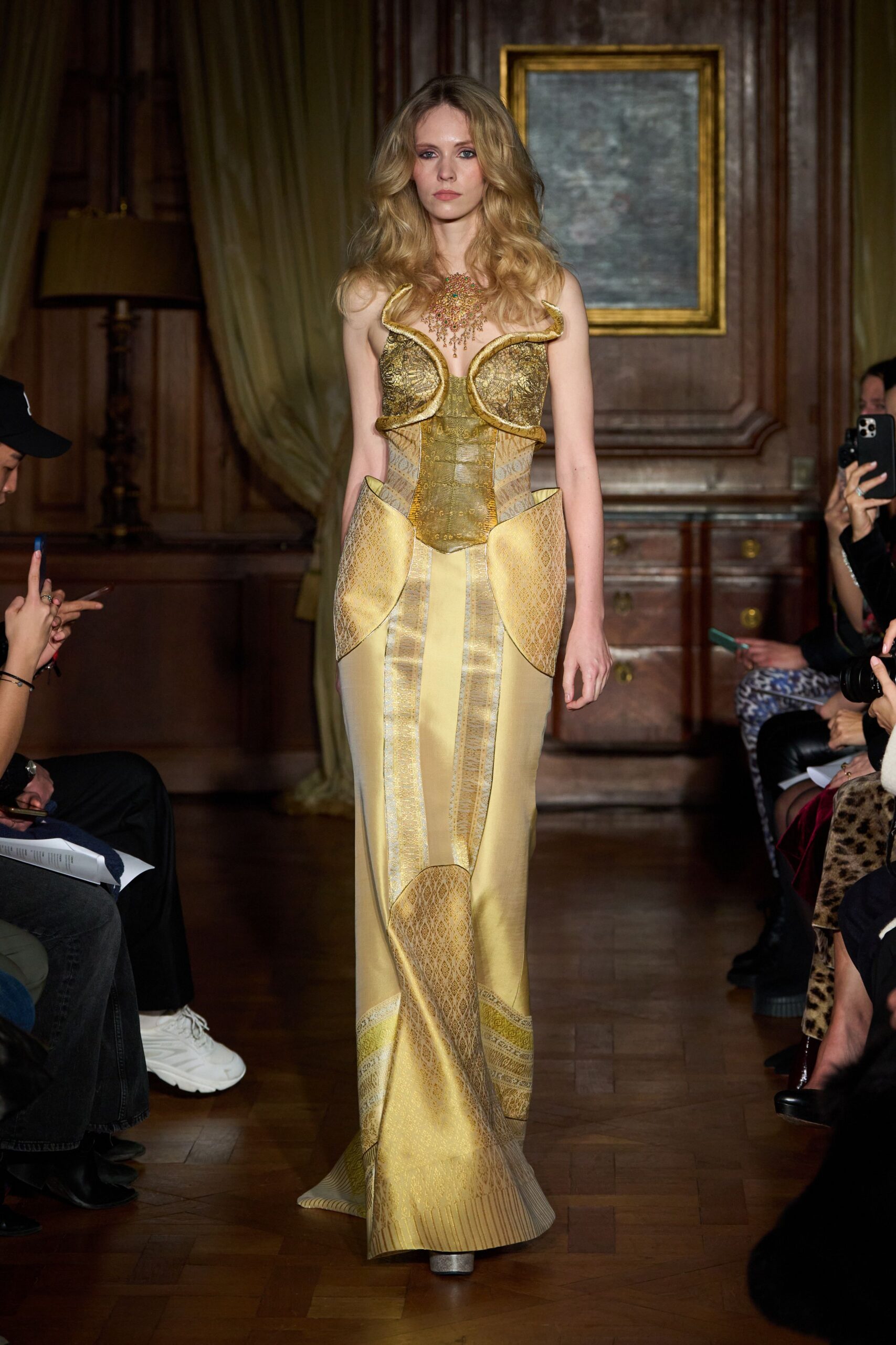 gold embroidered sleeveless gown