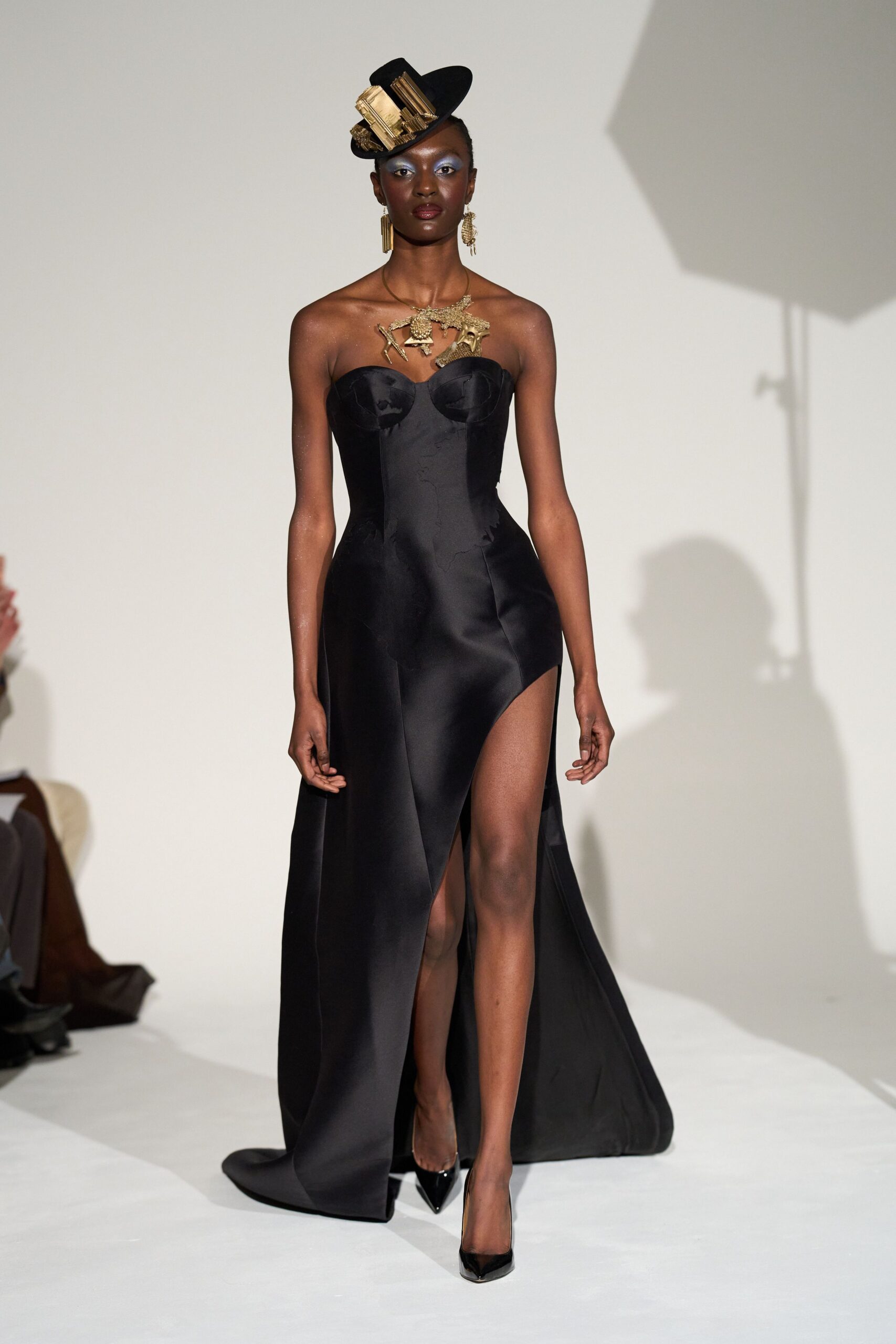 black silk strapless gown
