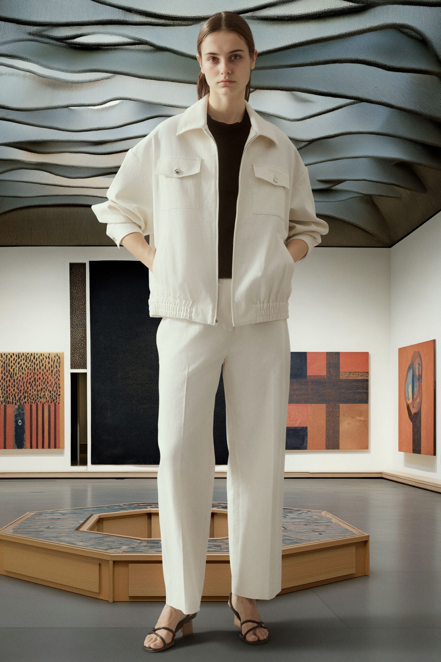 white relaxed jacket black fitted top