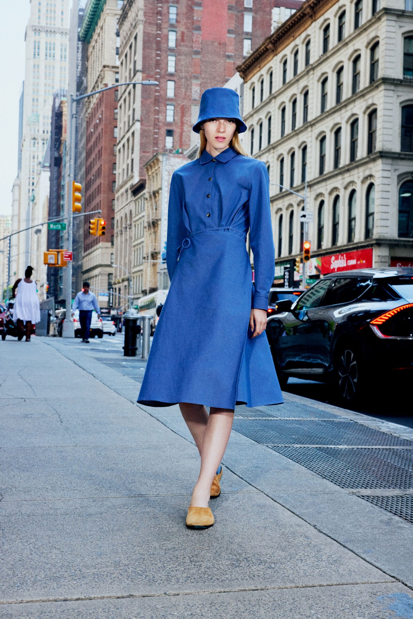 blue denim long-sleeve collared fitted buttoned a-line shirt-dress