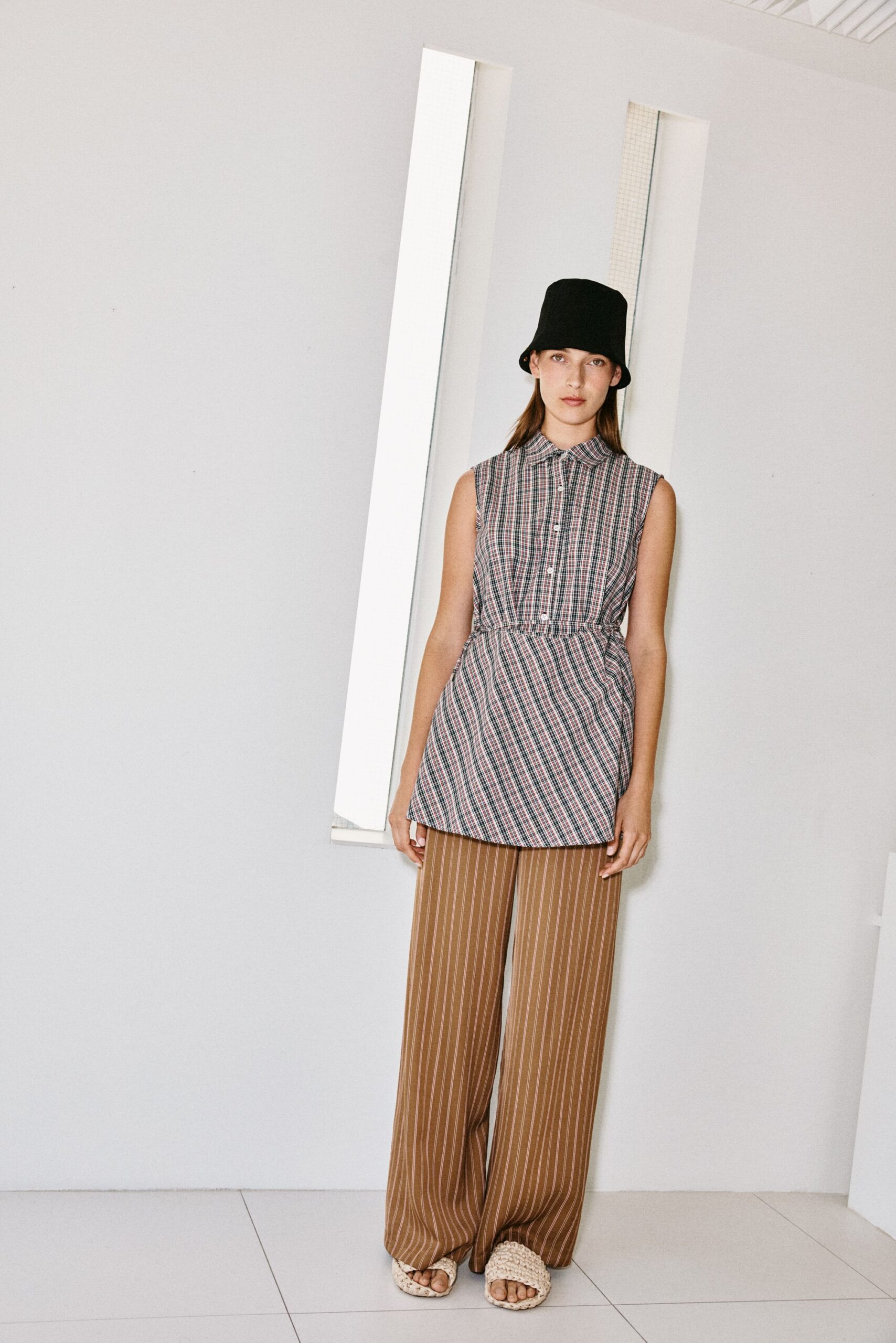 blue striped shirt with relaxed pants