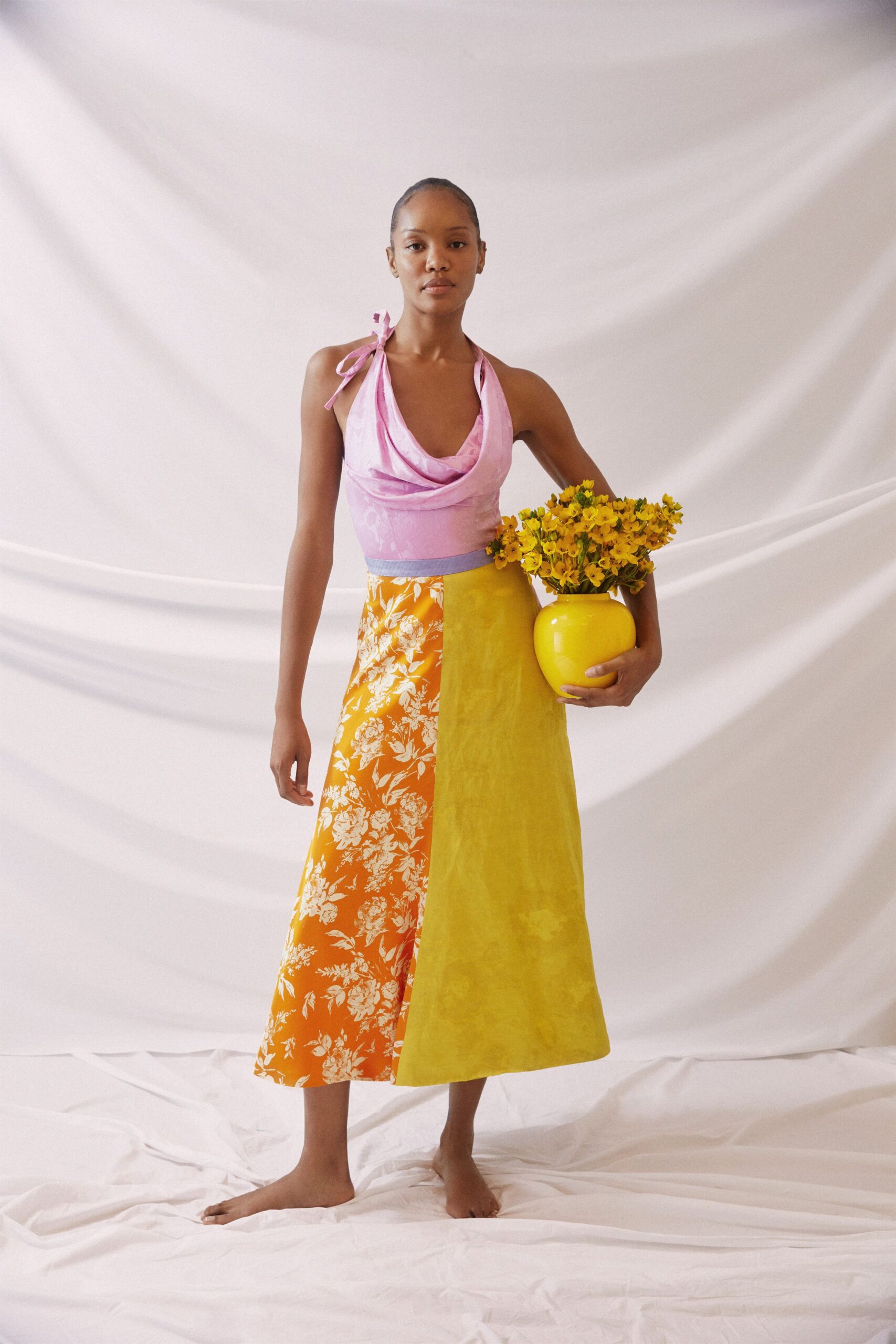 orange relaxed flared printed midi skirt