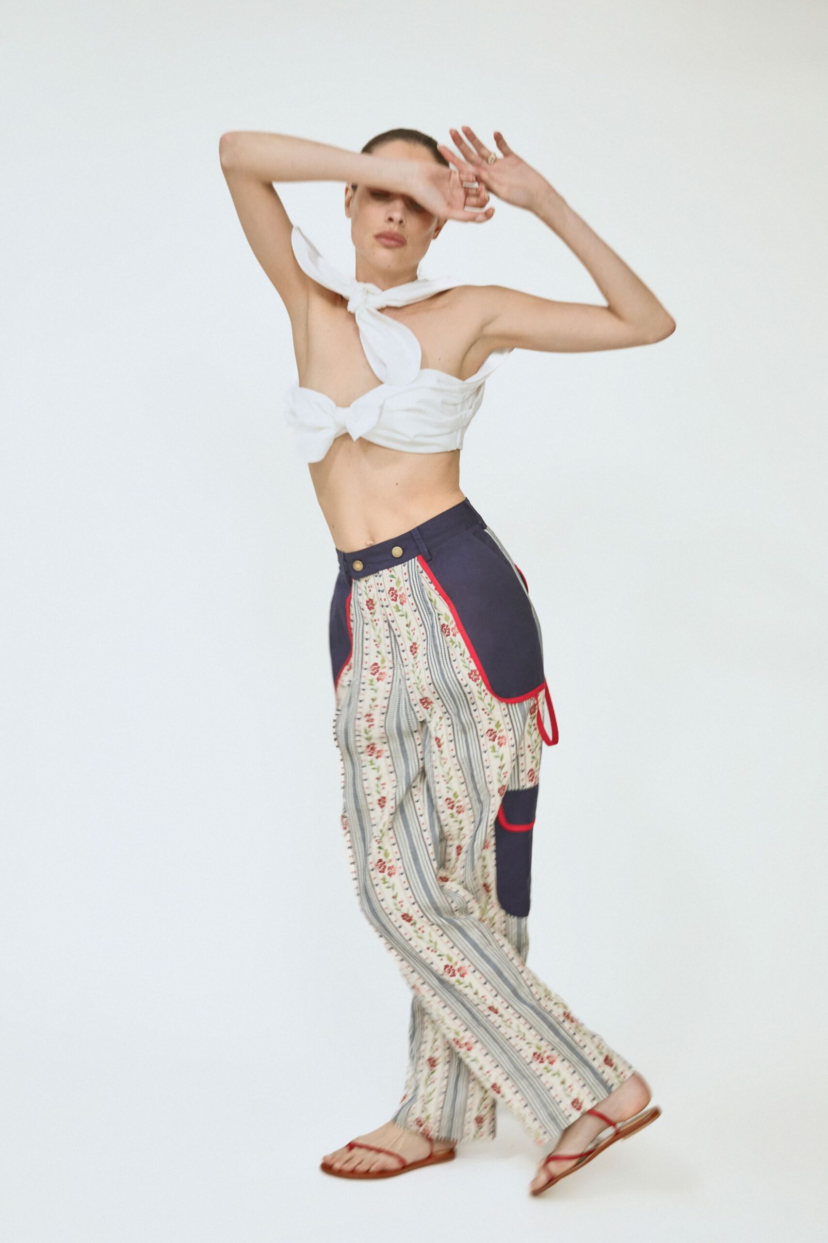 white knotted top multi pants