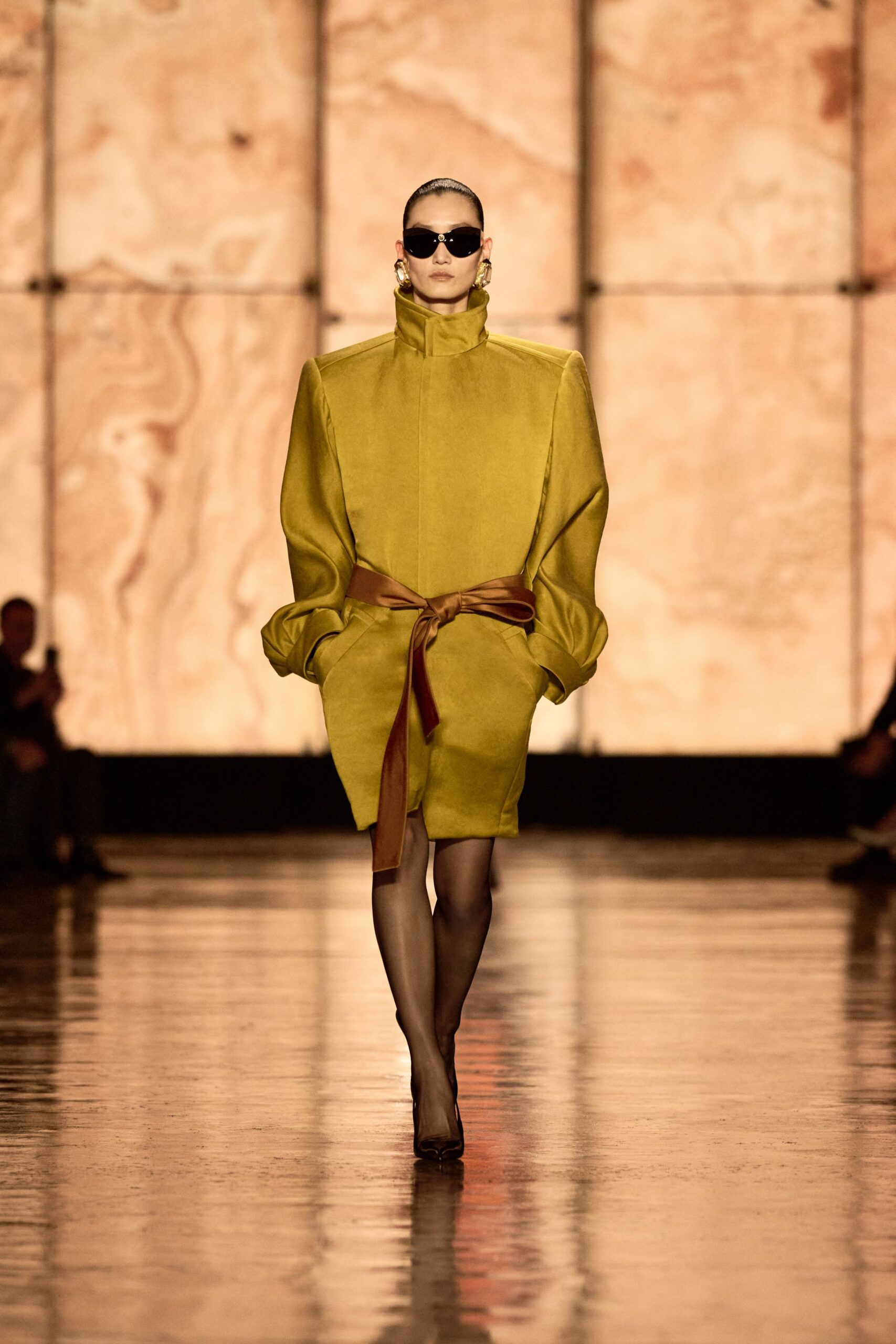 yellow wool long-sleeve high-neck fitted belted coat