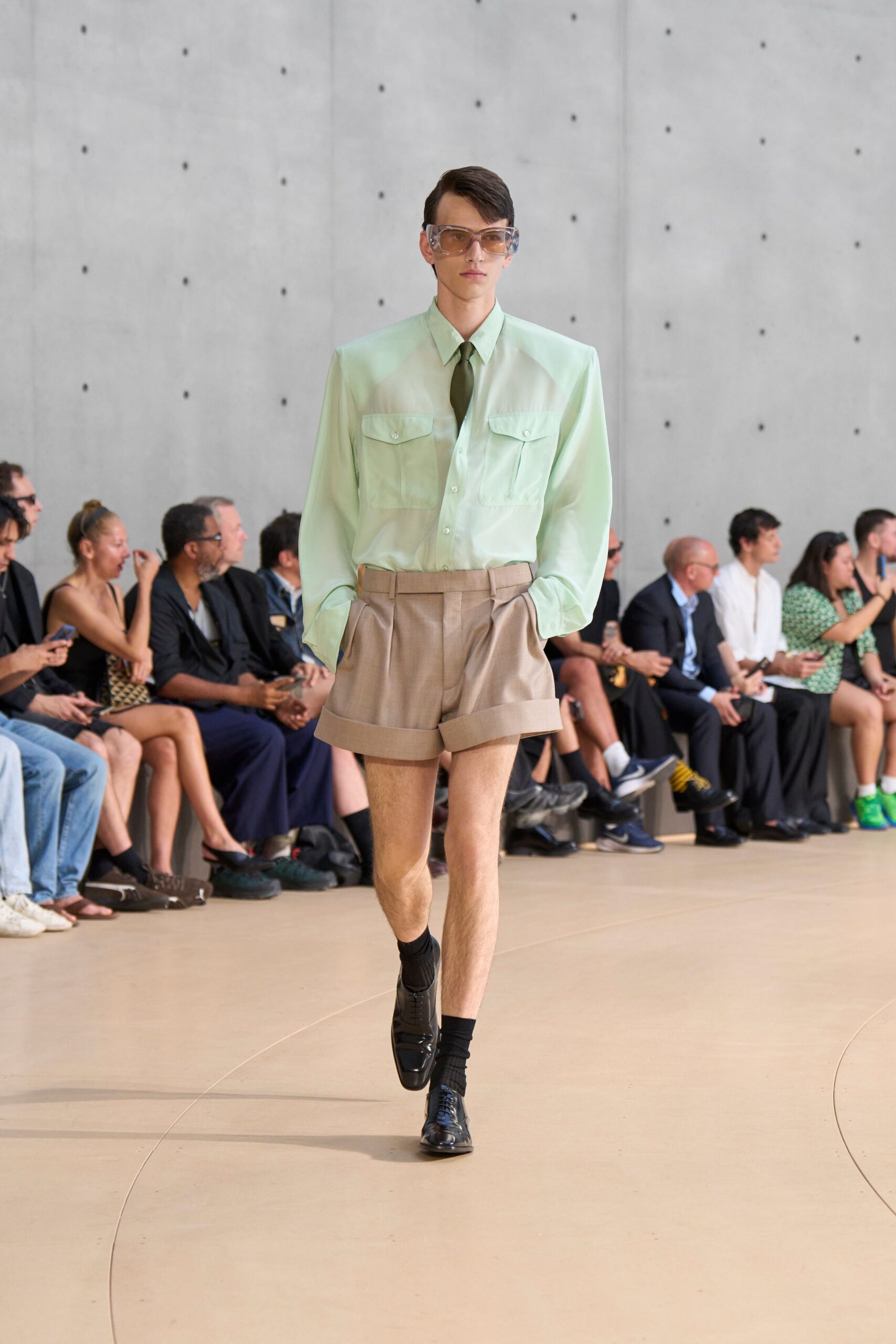 mint shirt beige tailored shorts