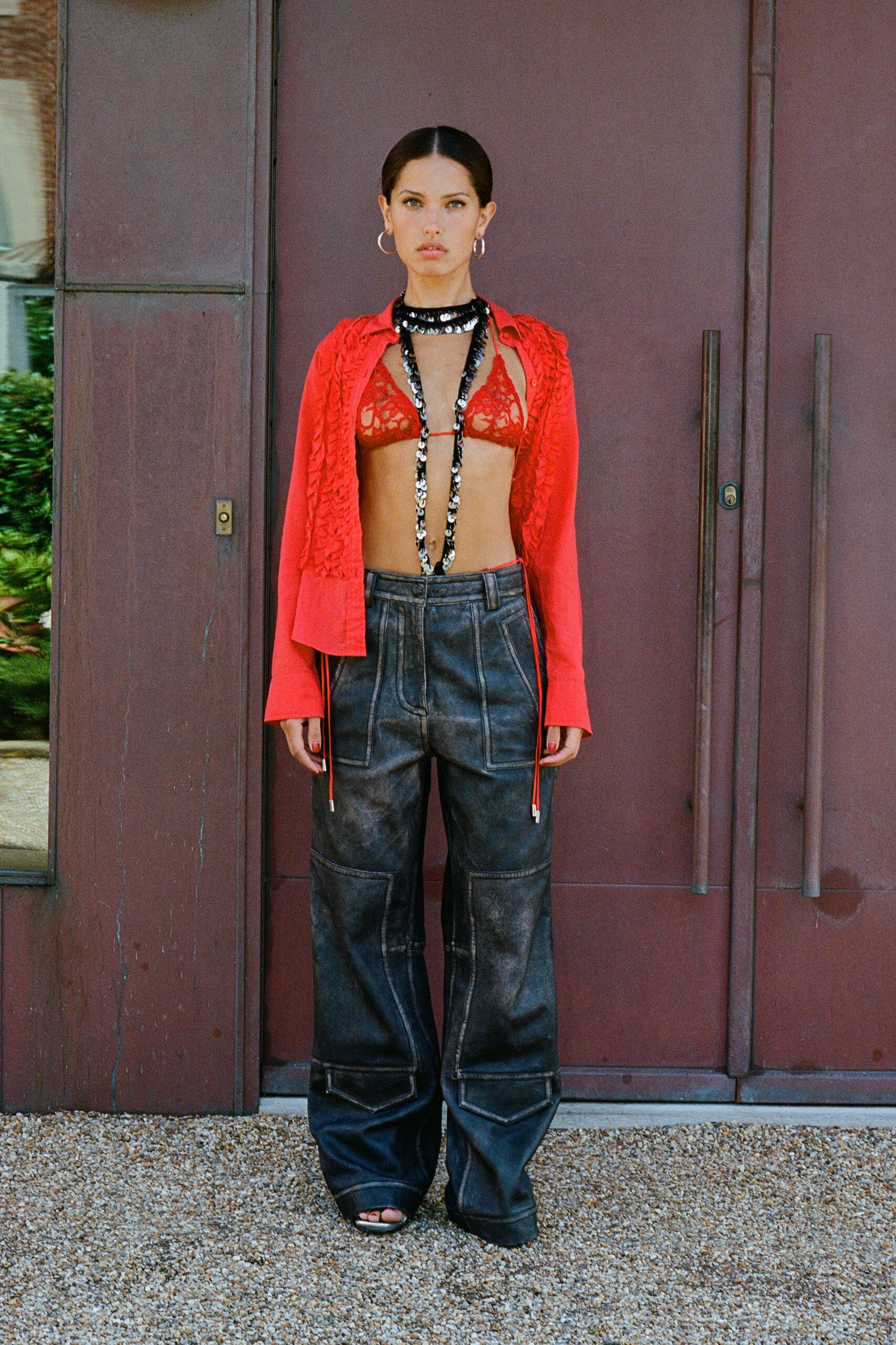 red silk sleeveless v-neck fitted ruffled top