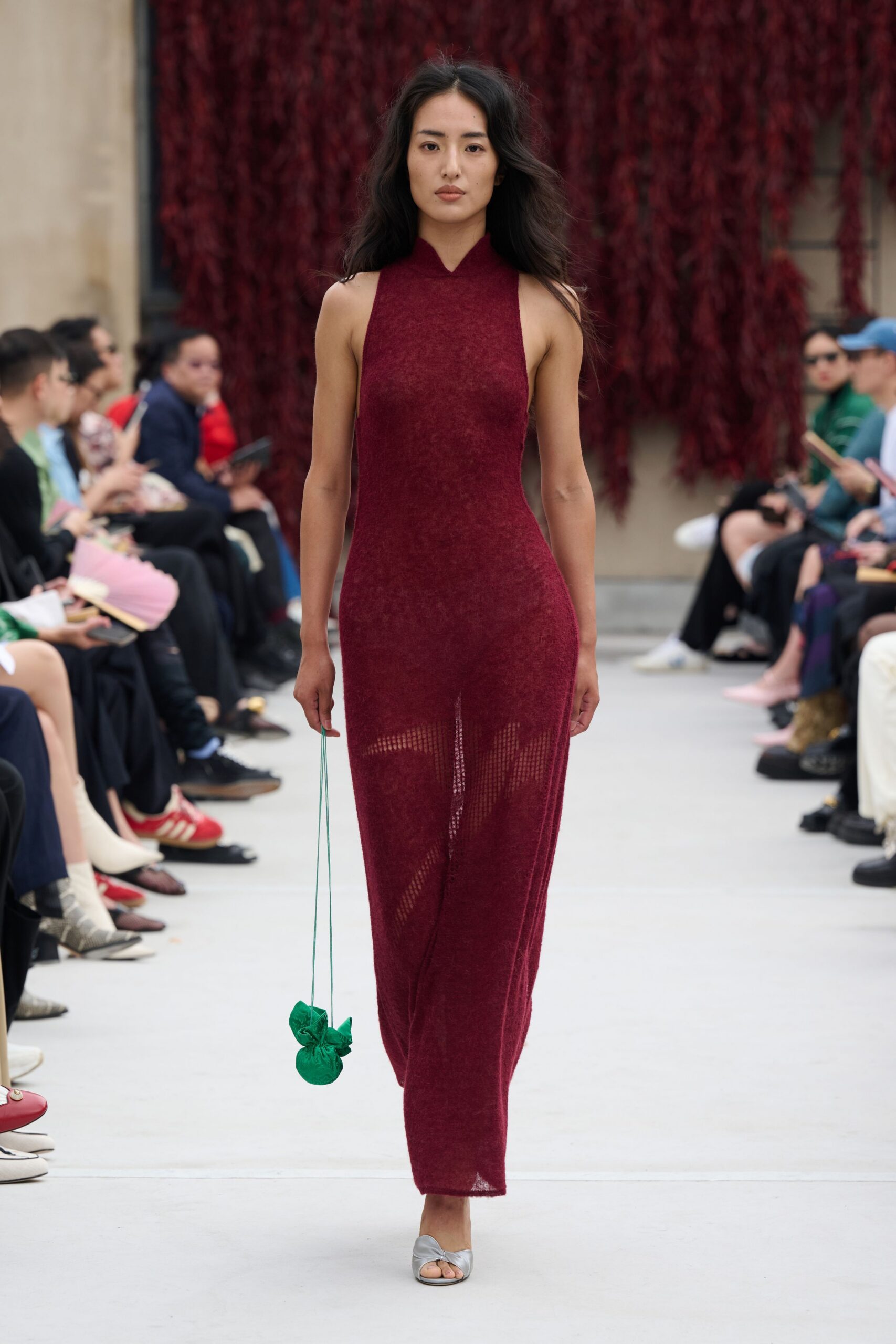 red knit sleeveless high-neck fitted sheer flowing dress