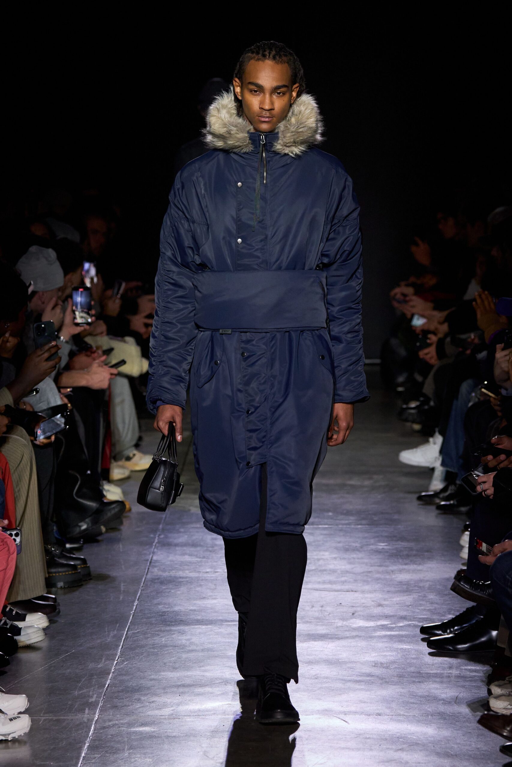 blue jersey long-sleeve collared relaxed belted coat