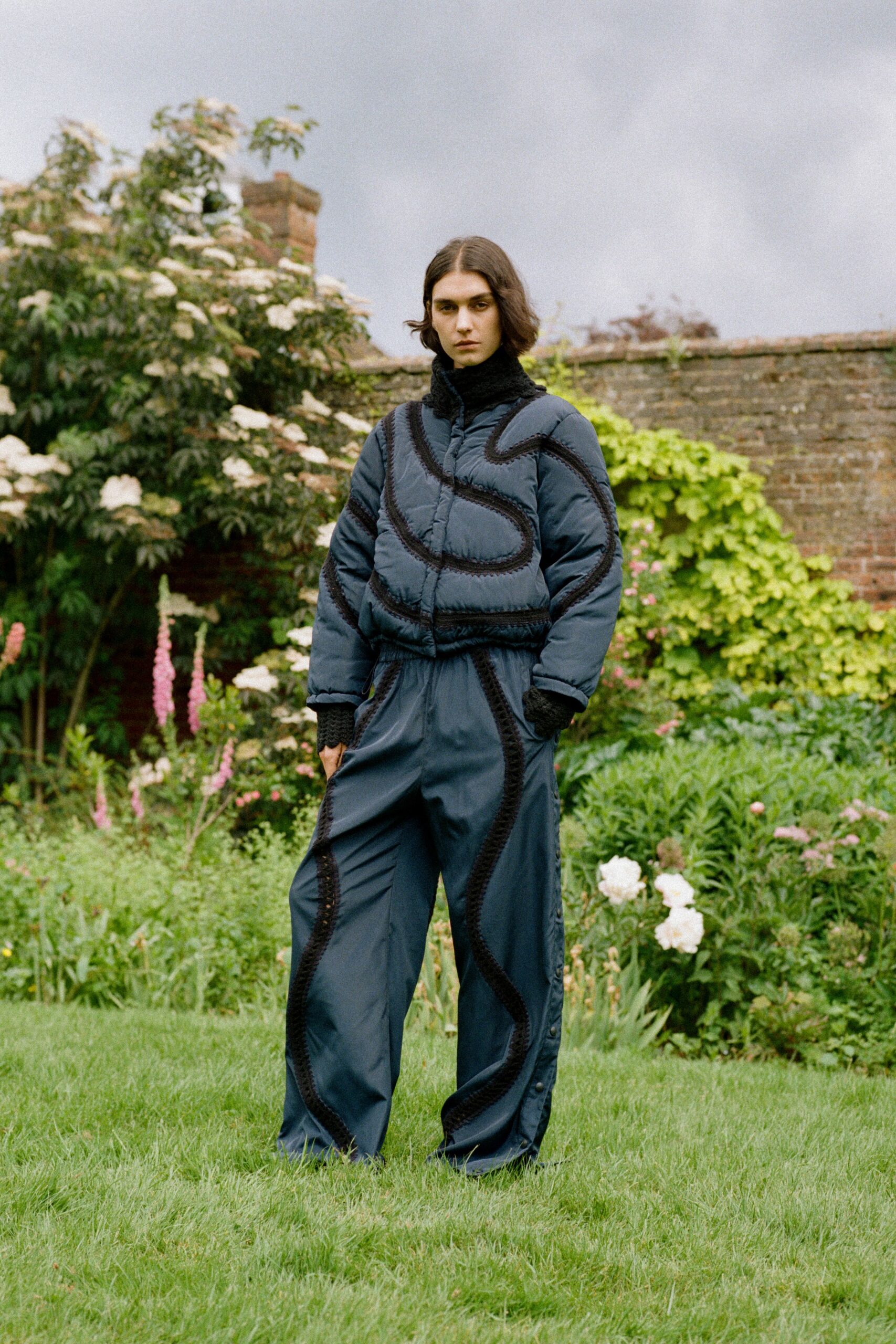 blue nylon relaxed jacket and pants