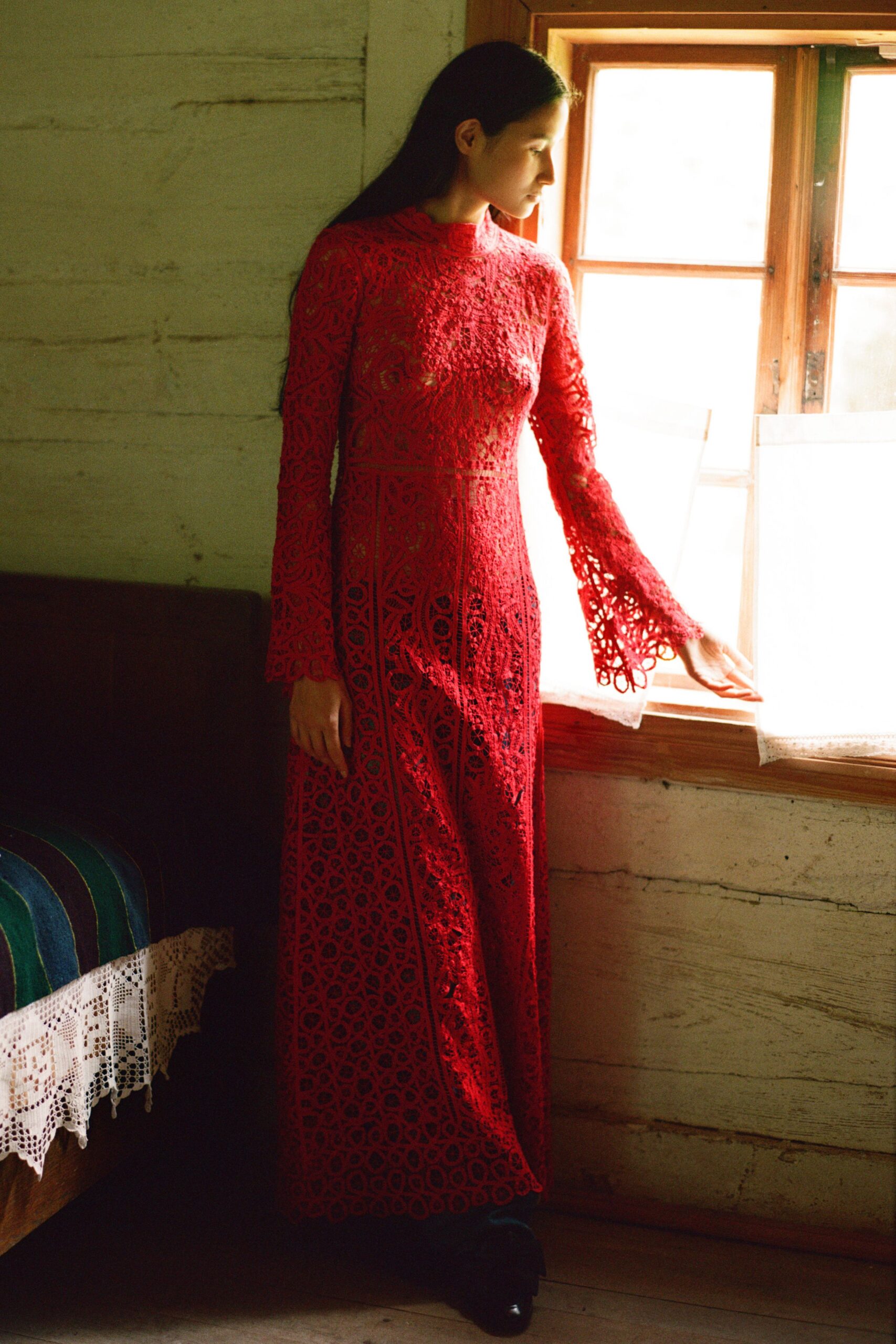red lace long-sleeve high-neck fitted embroidered flared gown