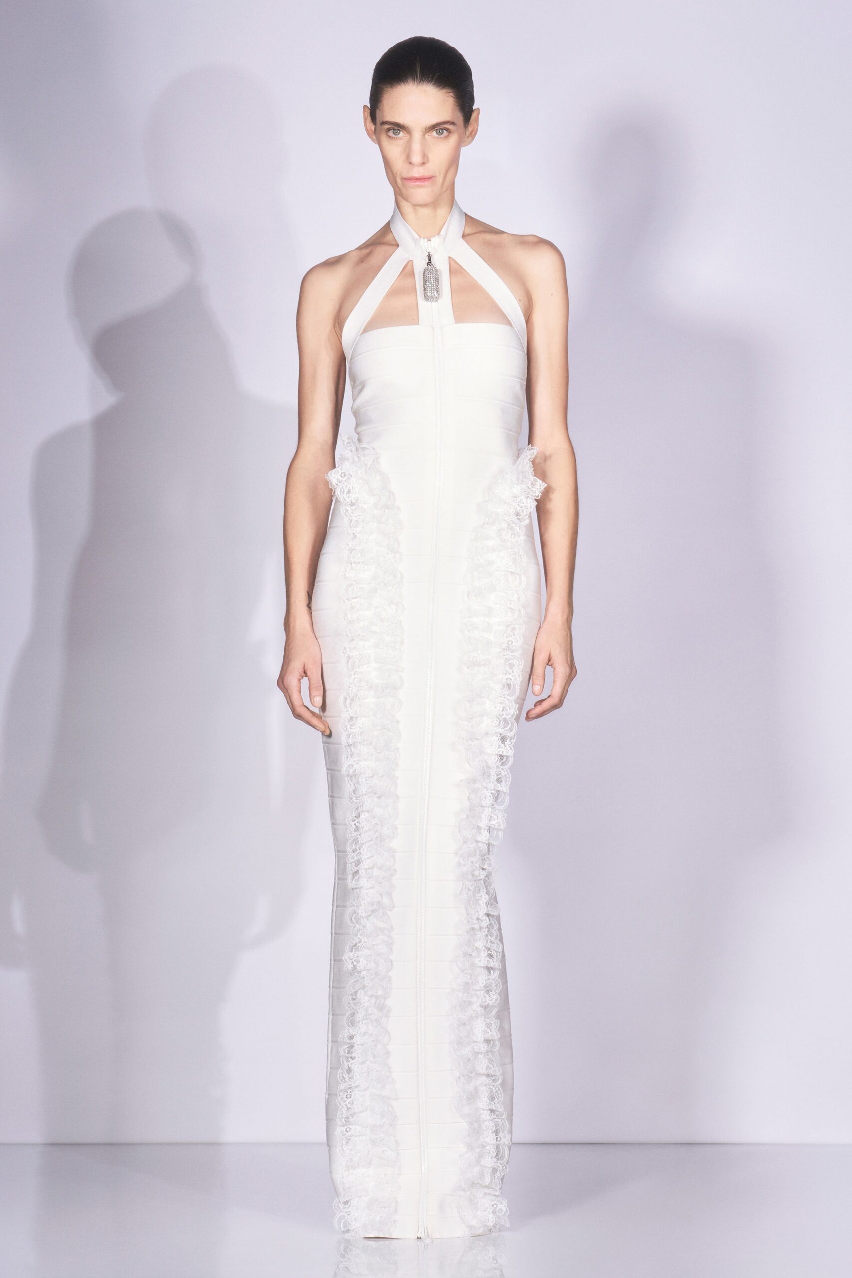 white silk fitted gown