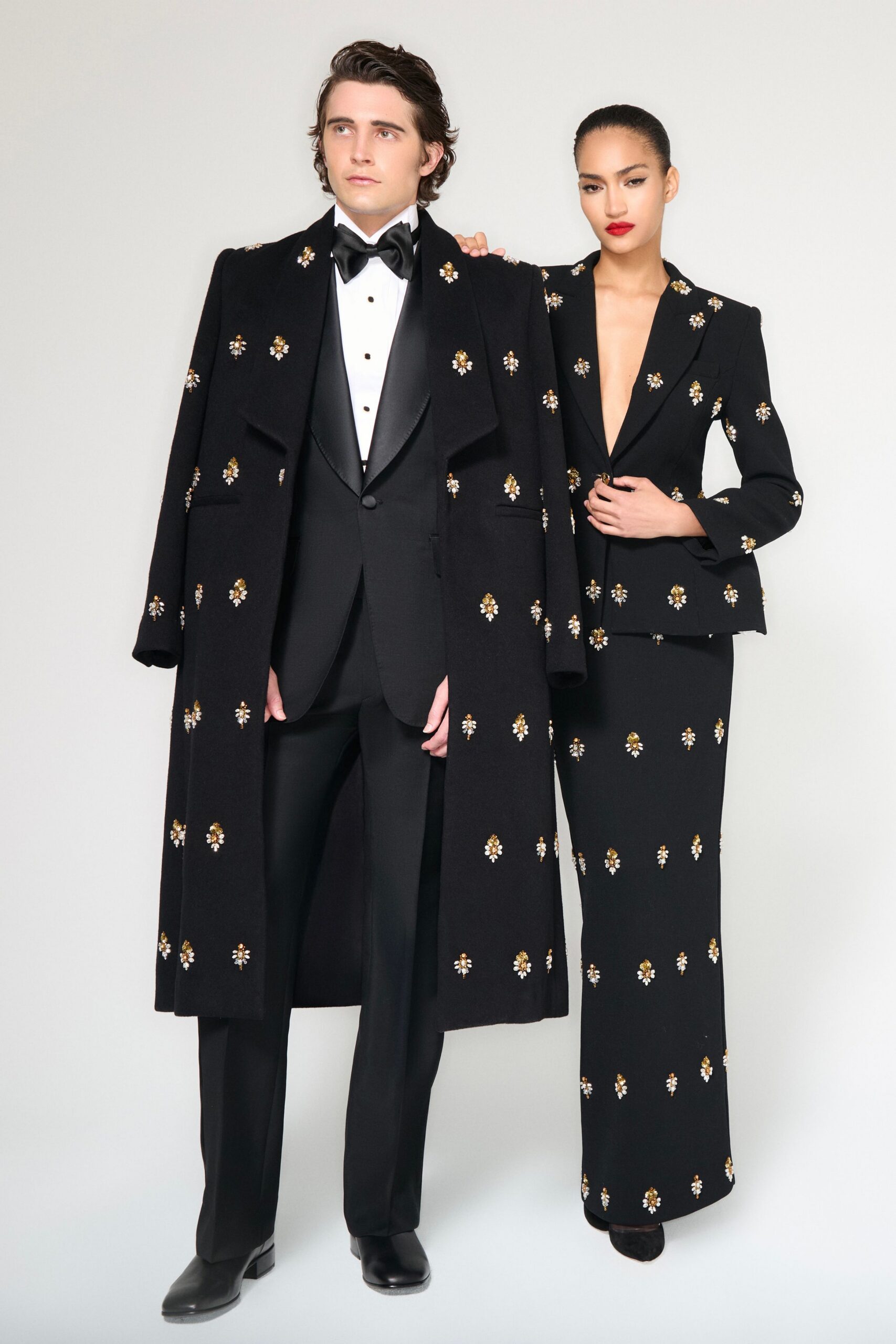 black wool long-sleeve collared structured embroidered coat