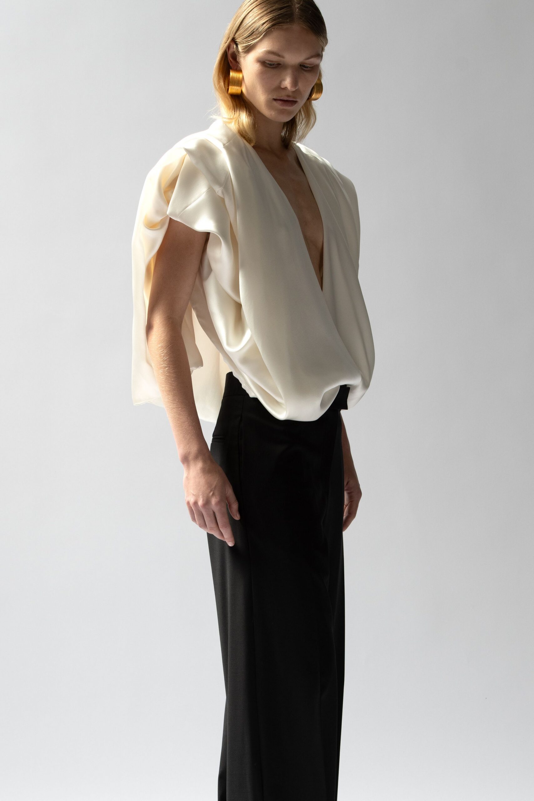 white silk short-sleeve v-neck relaxed draped flowing top