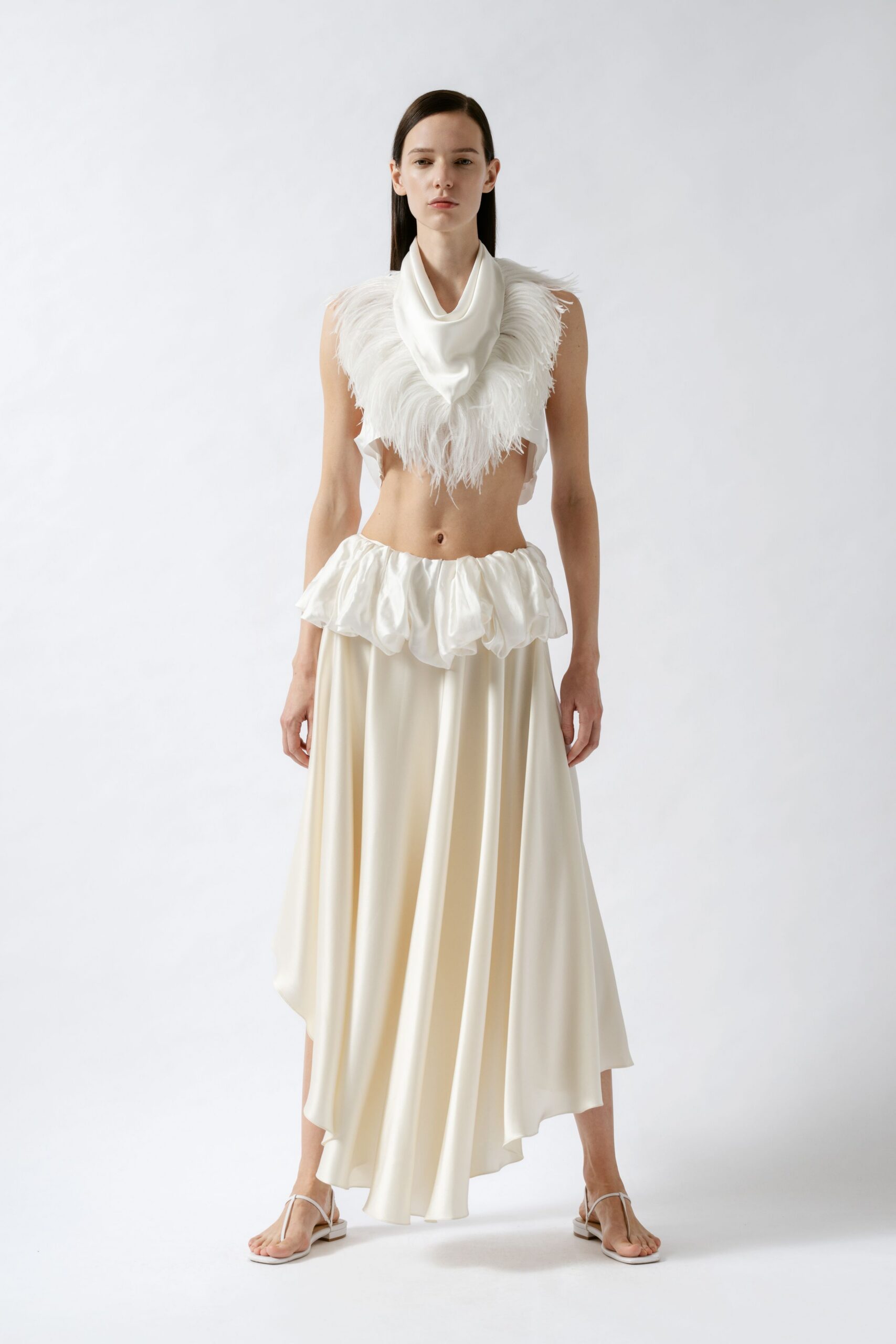 white silk asymmetric fitted ruffled midi skirt