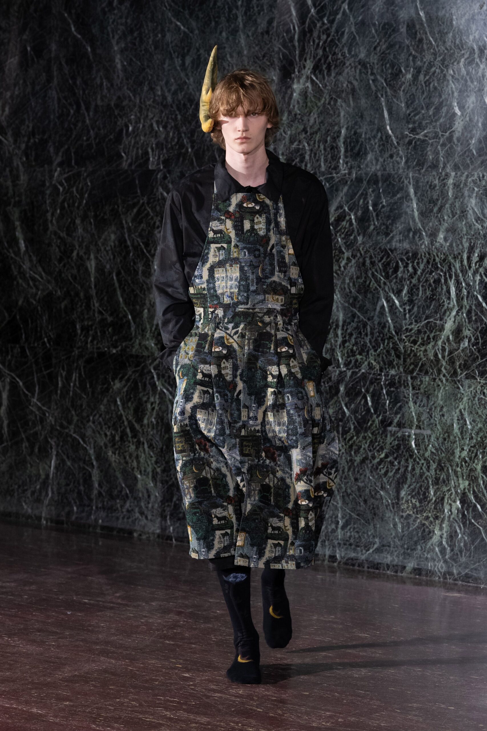 multi-colored cotton jumpsuit with black shirt