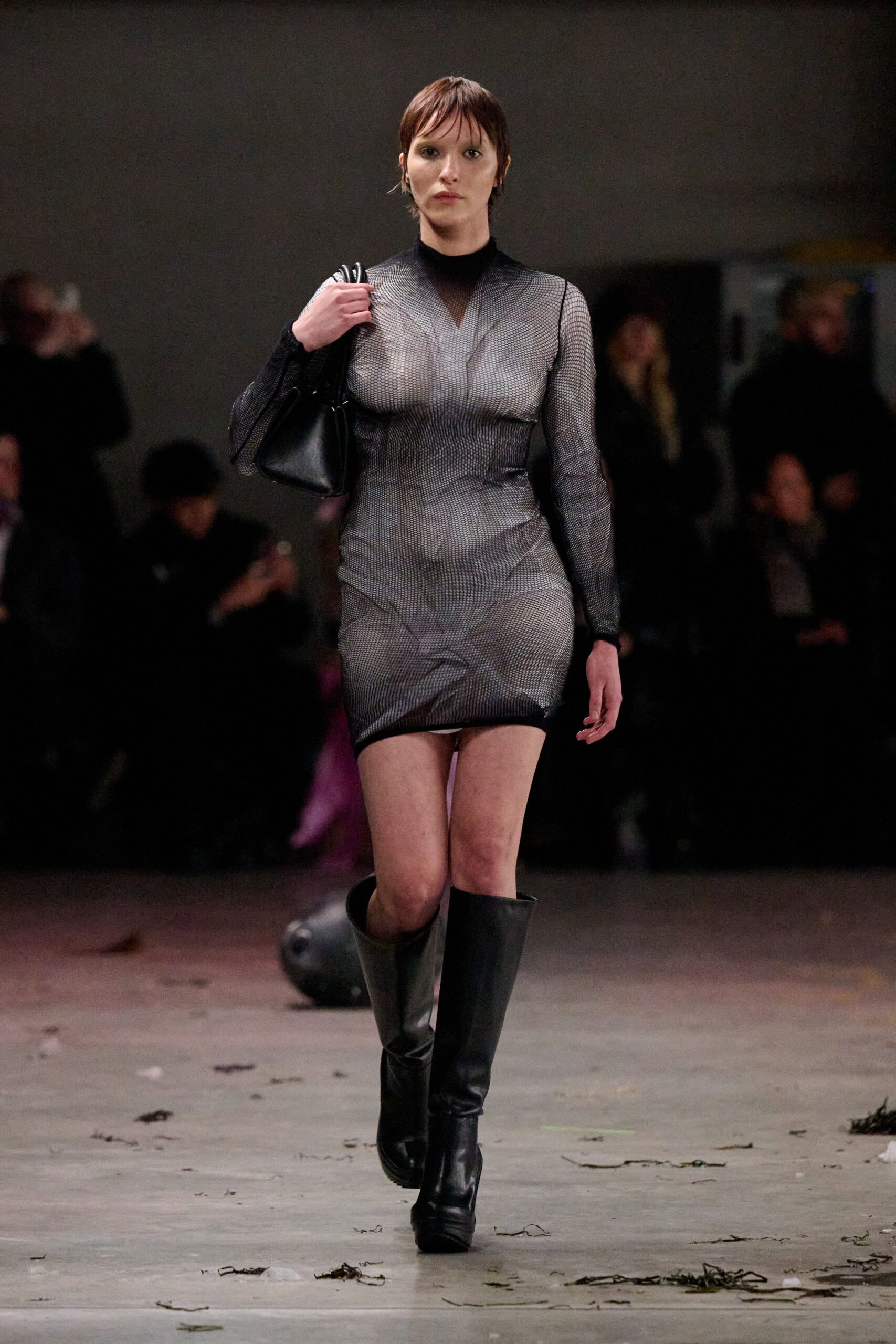 black mesh mini dress with boots