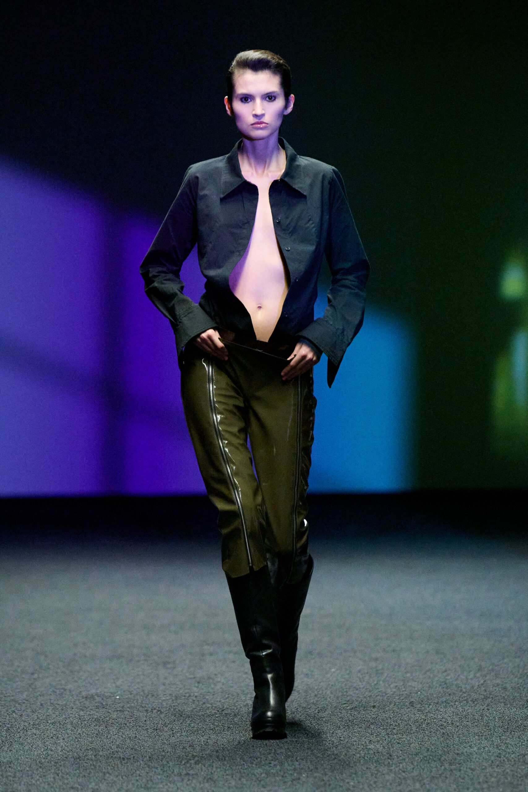 green fitted zippered straight-leg pants