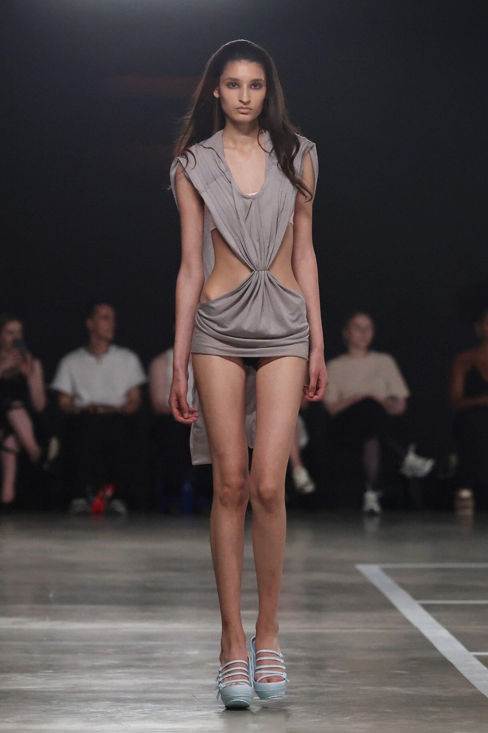 gray cutout mini dress with blue shoes