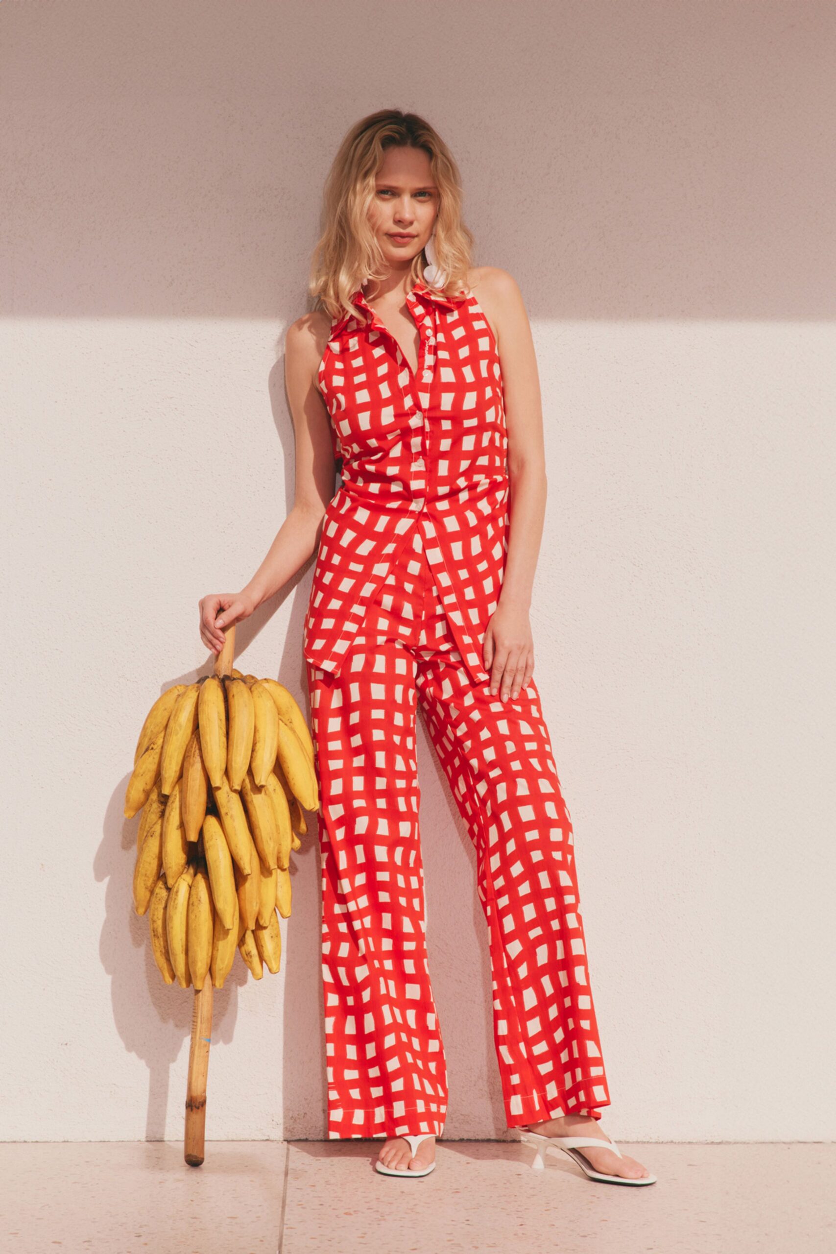 red cotton sleeveless collared fitted checked jumpsuit