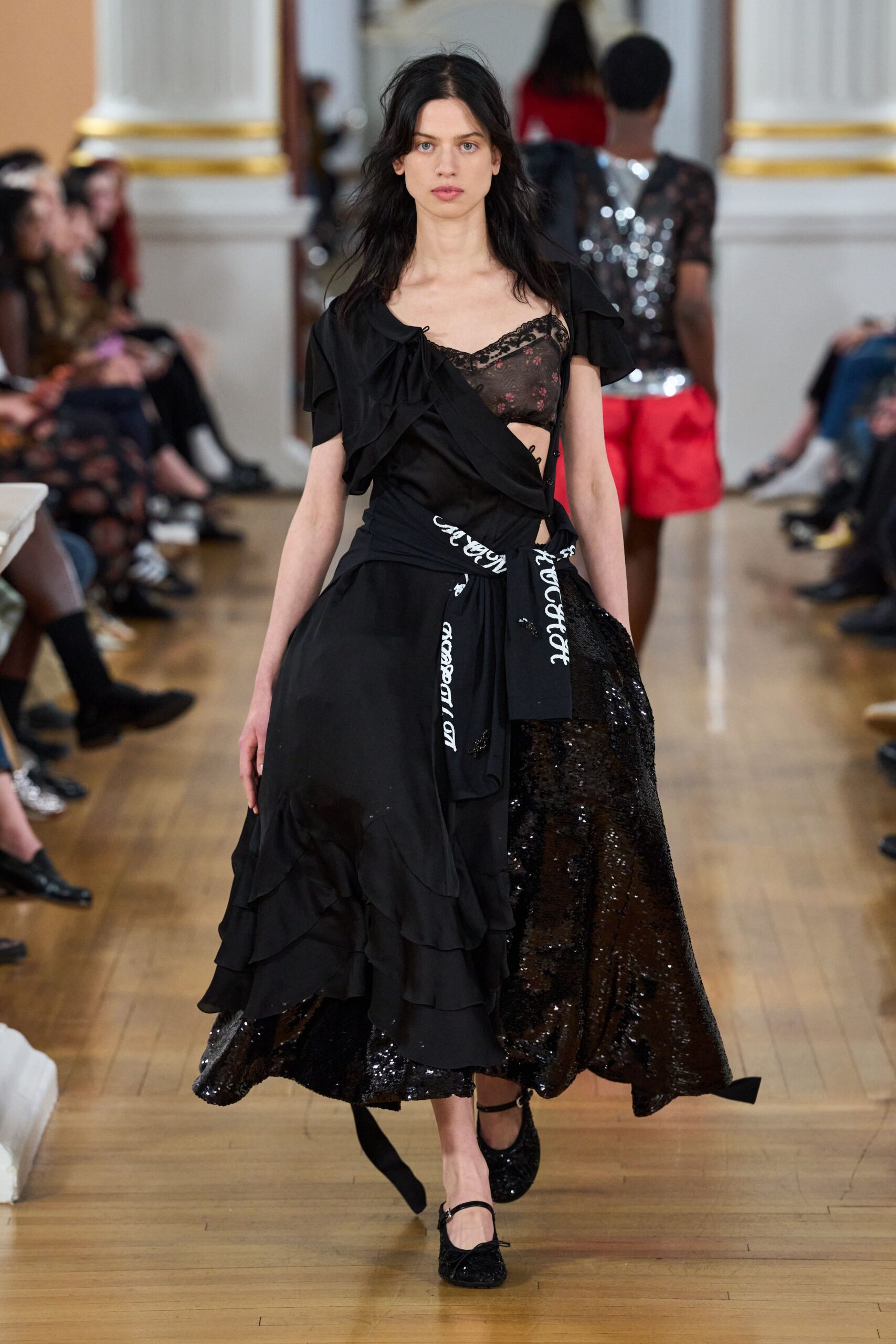 black silk sleeveless v-neck fitted layered ruffled dress