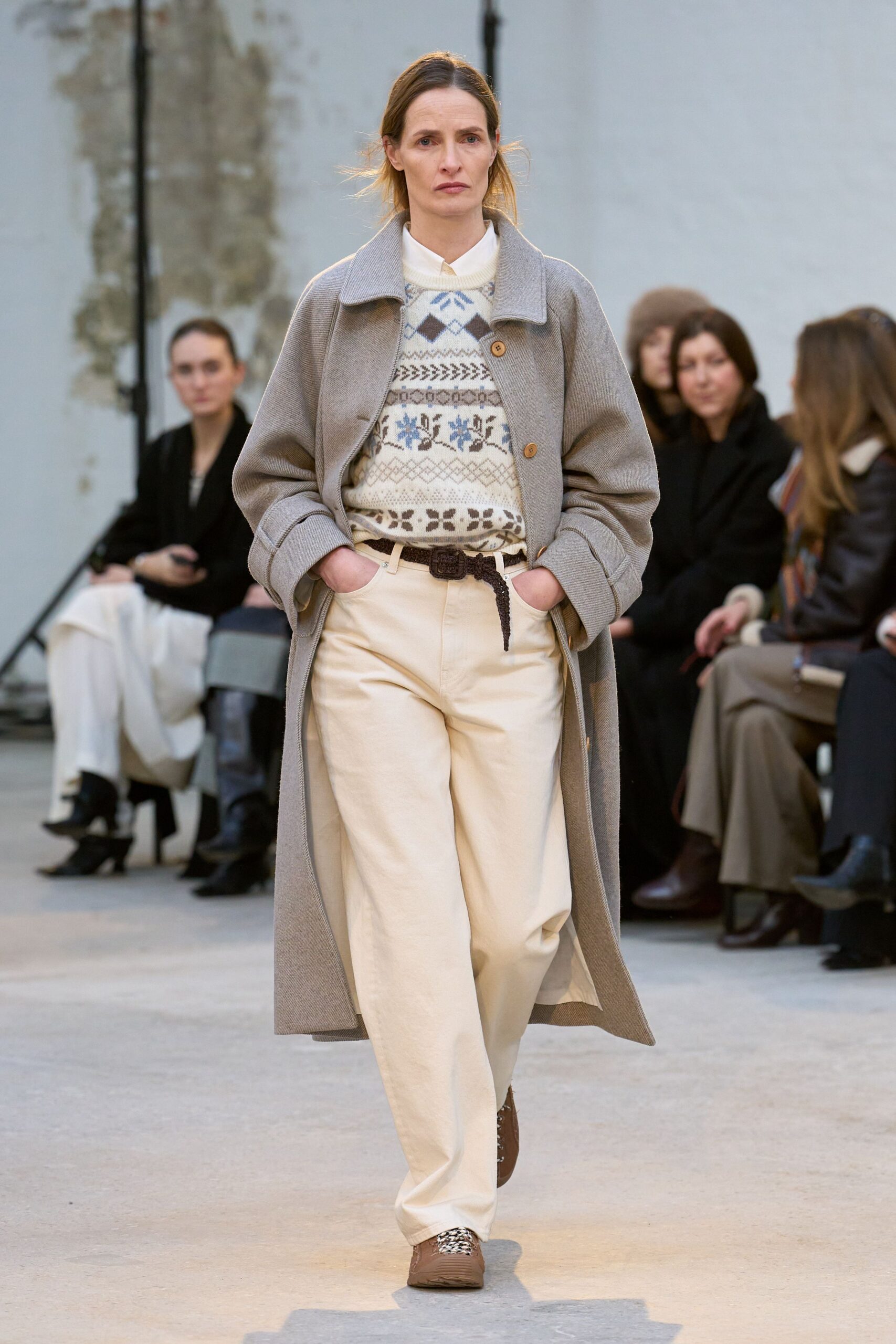 gray coat with embroidered sweater
