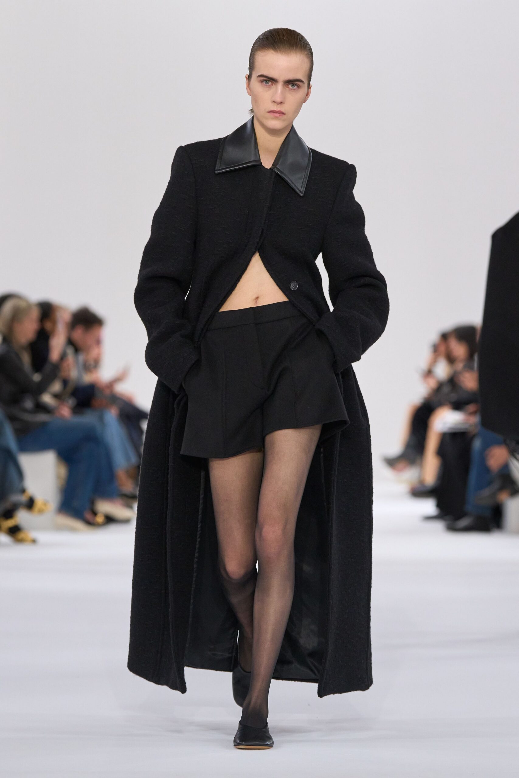 black wool long-sleeve collared fitted buttoned maxi coat