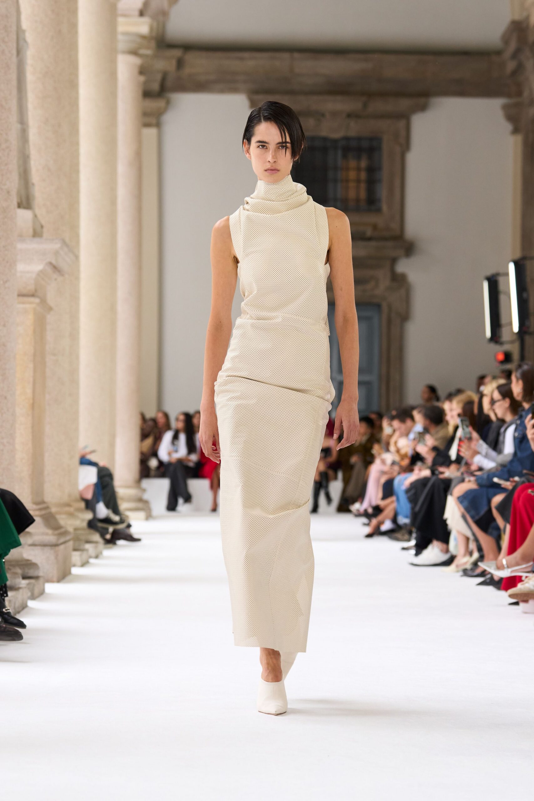 white fitted maxi dress with pleats