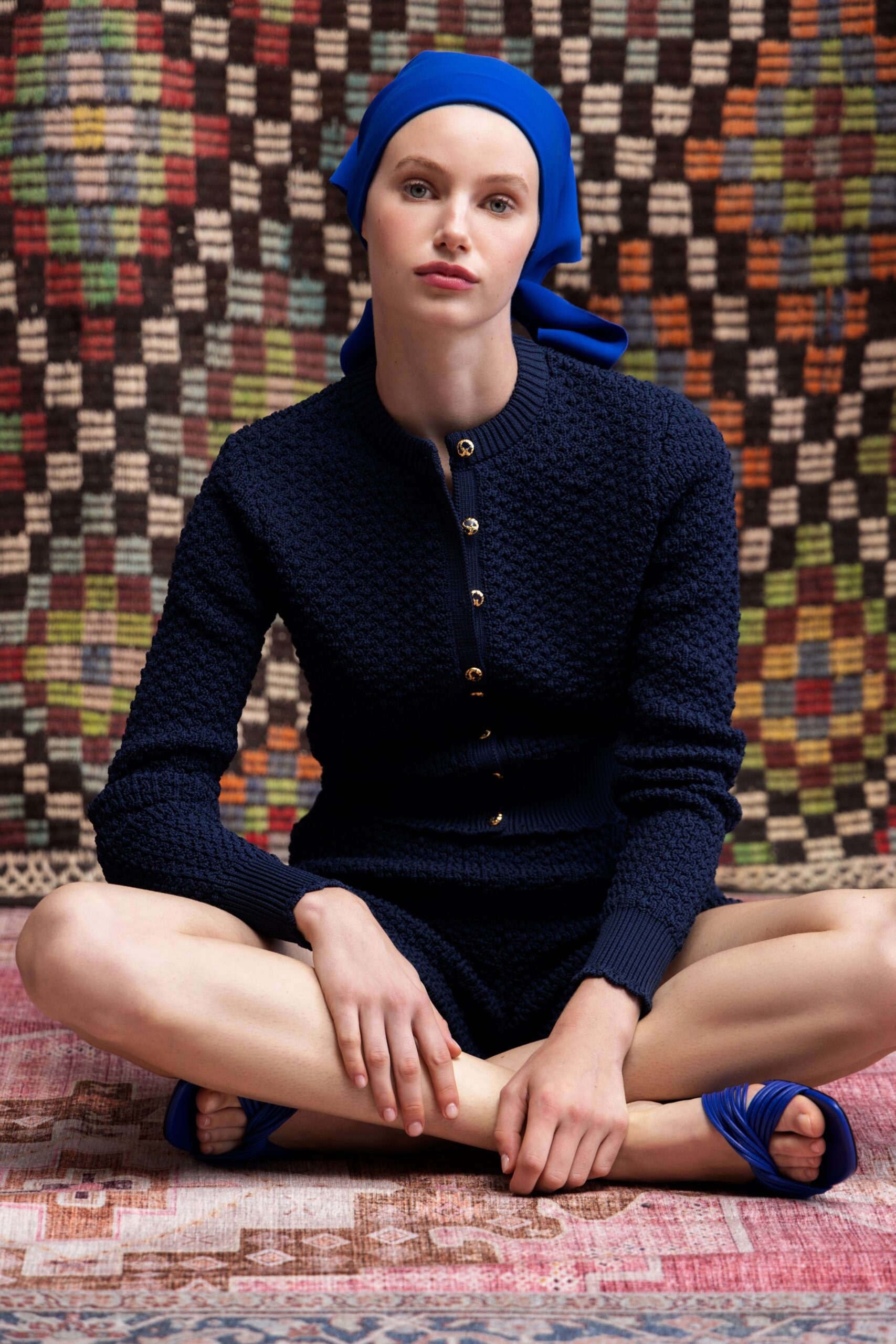 blue cotton long-sleeve collared fitted textured romper