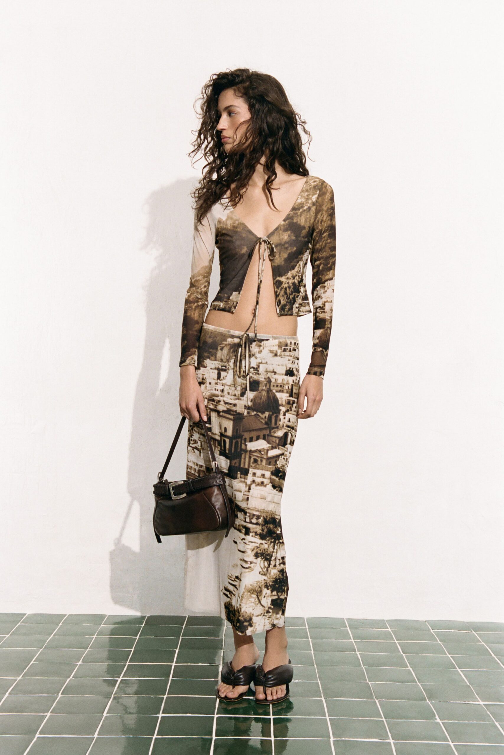 brown silk long-sleeve v-neck fitted printed top