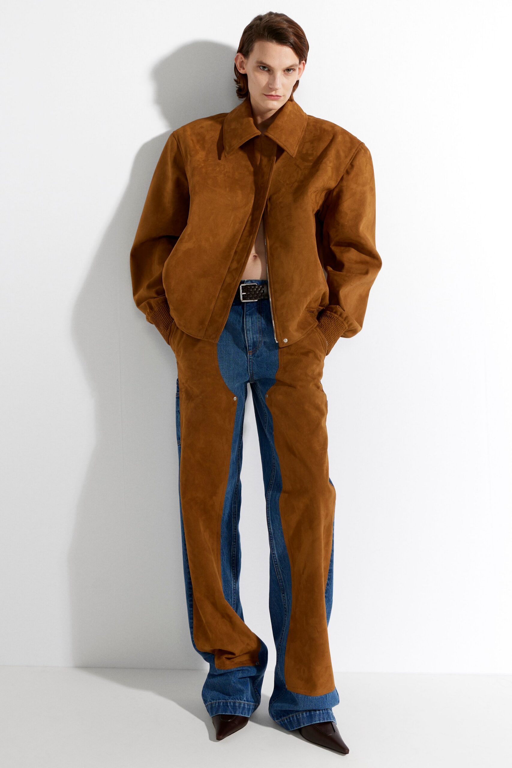 brown suede long-sleeve collared oversized jacket