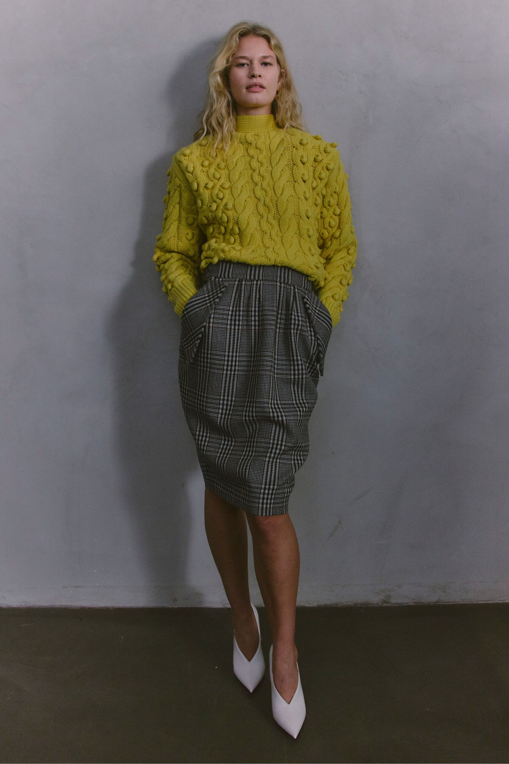 yellow wool long-sleeve high-neck fitted textured sweater