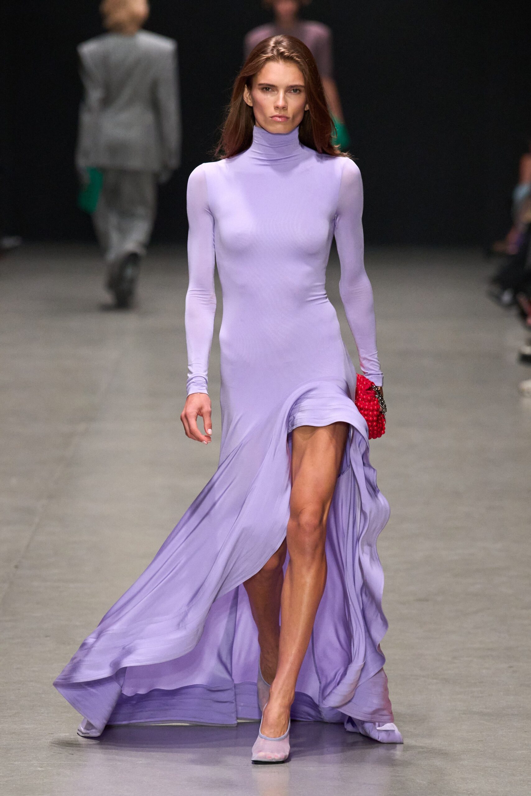 purple silk long-sleeve turtleneck fitted draped flowing gown