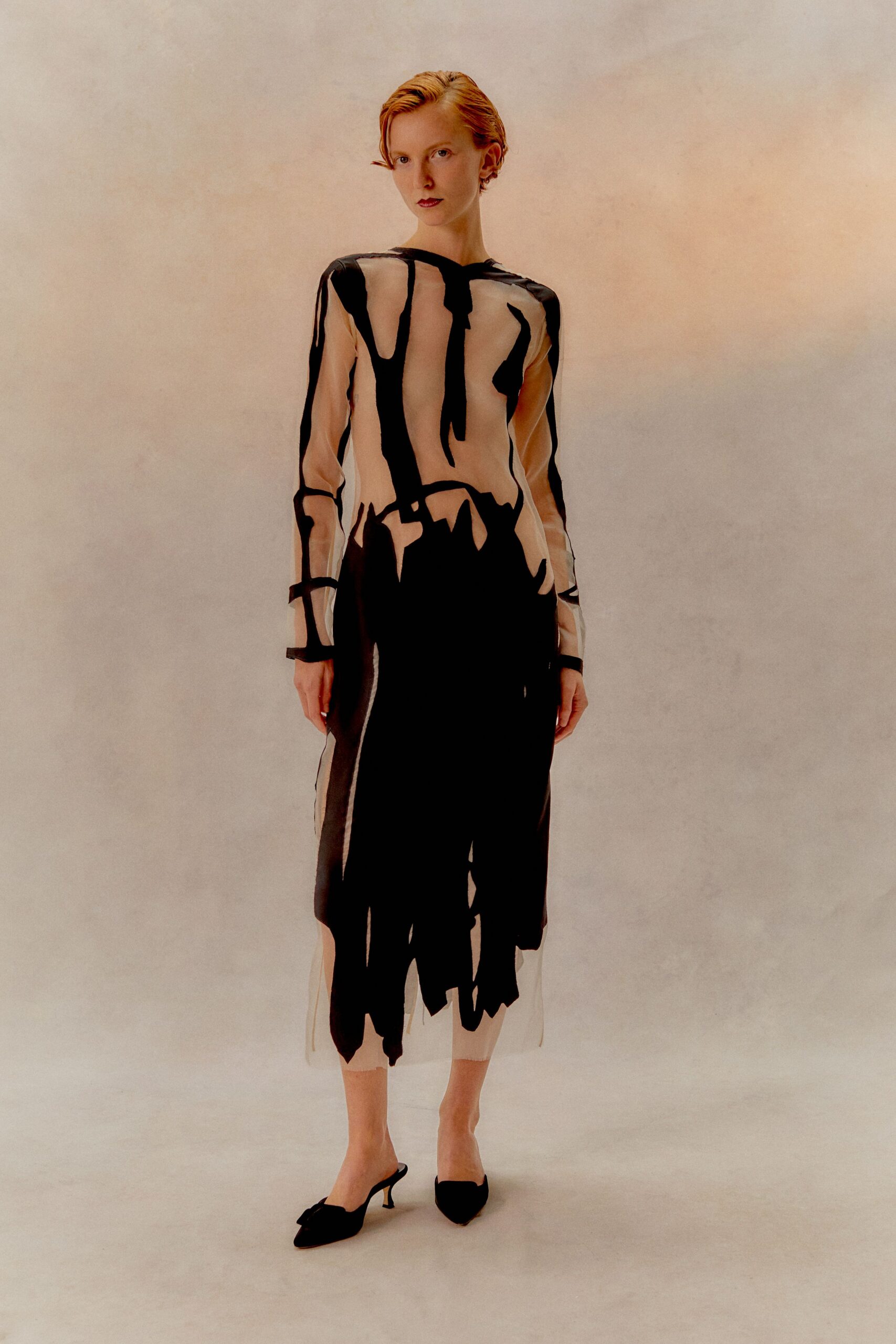 black silk long-sleeve high-neck fitted printed dress
