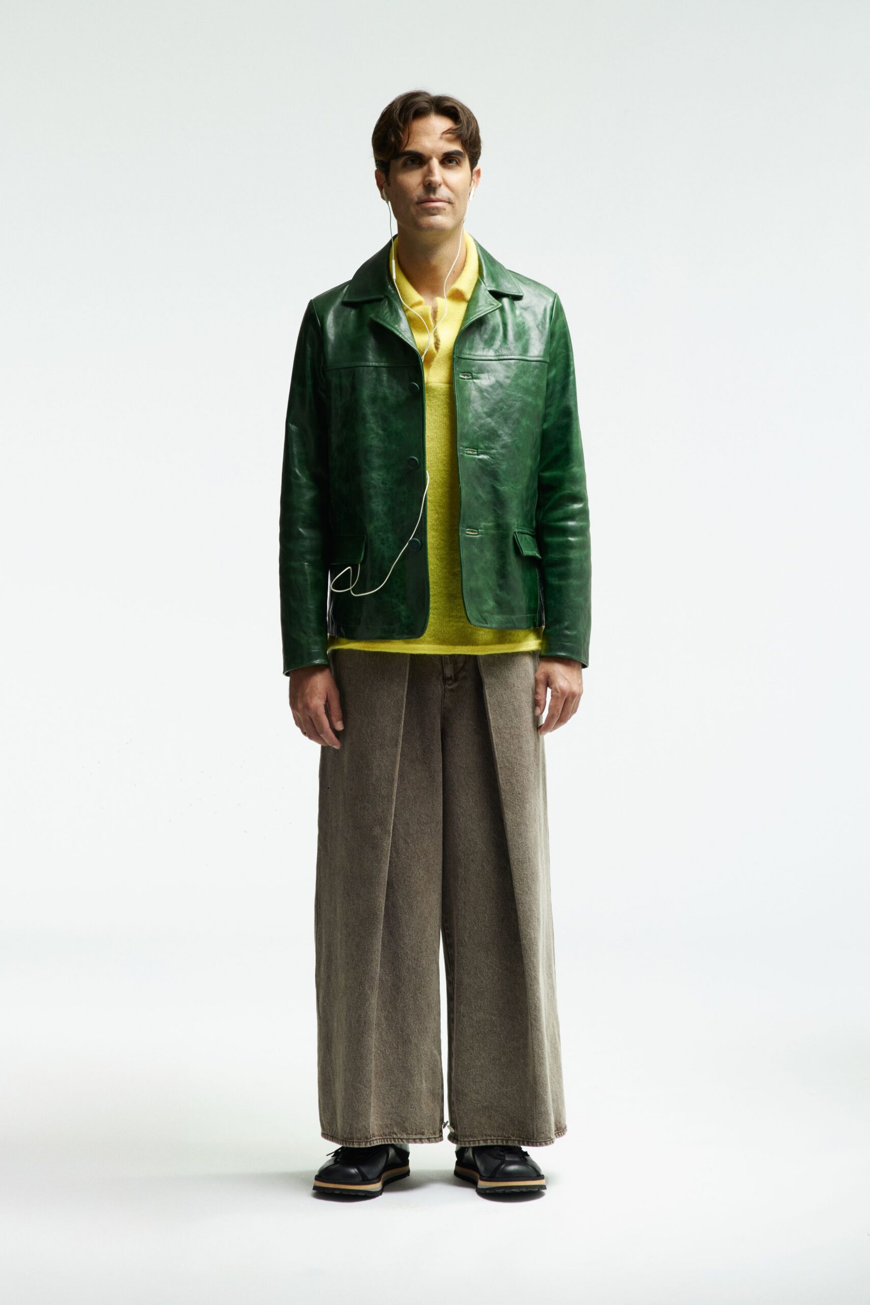 green leather long-sleeve collared structured jacket