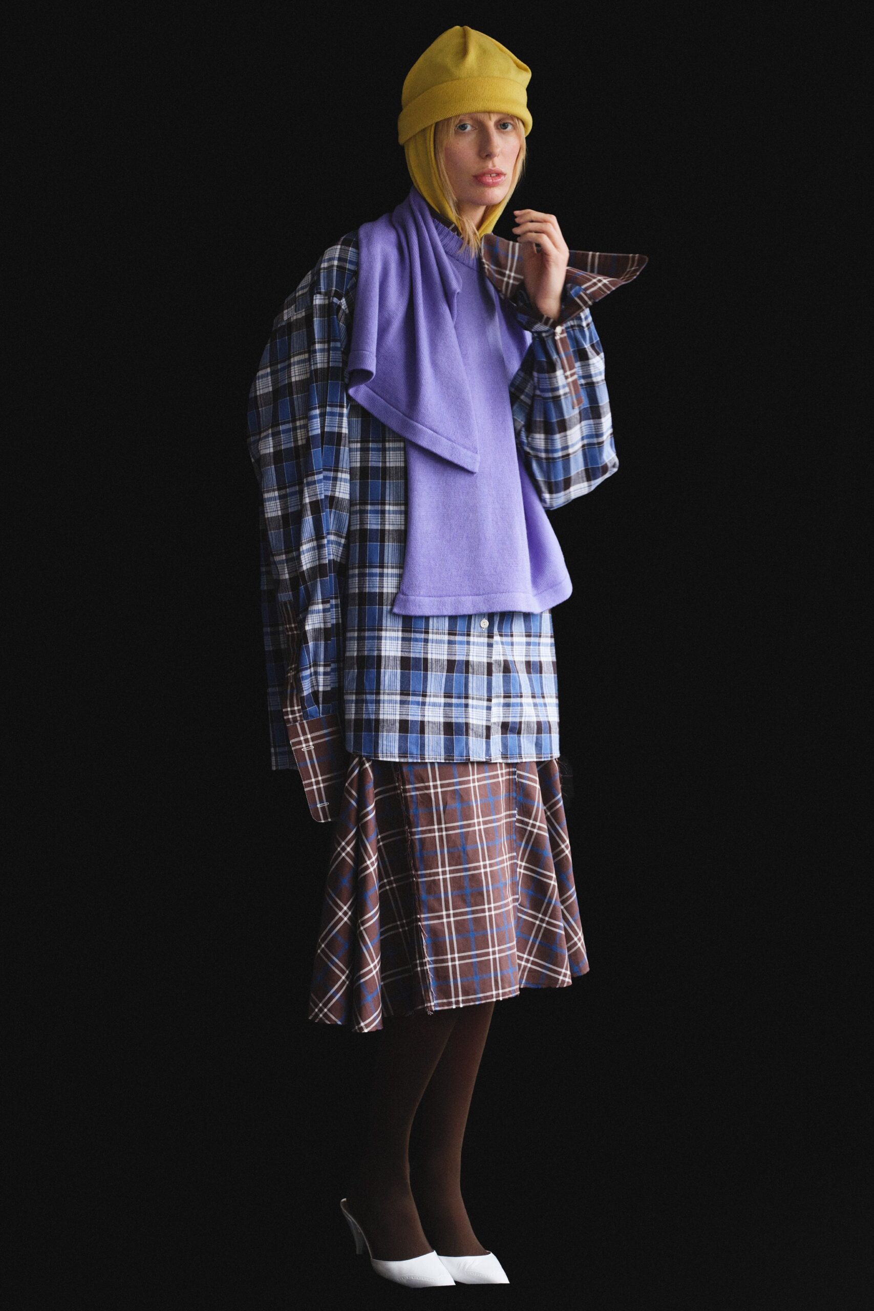 blue checked top with flared skirt