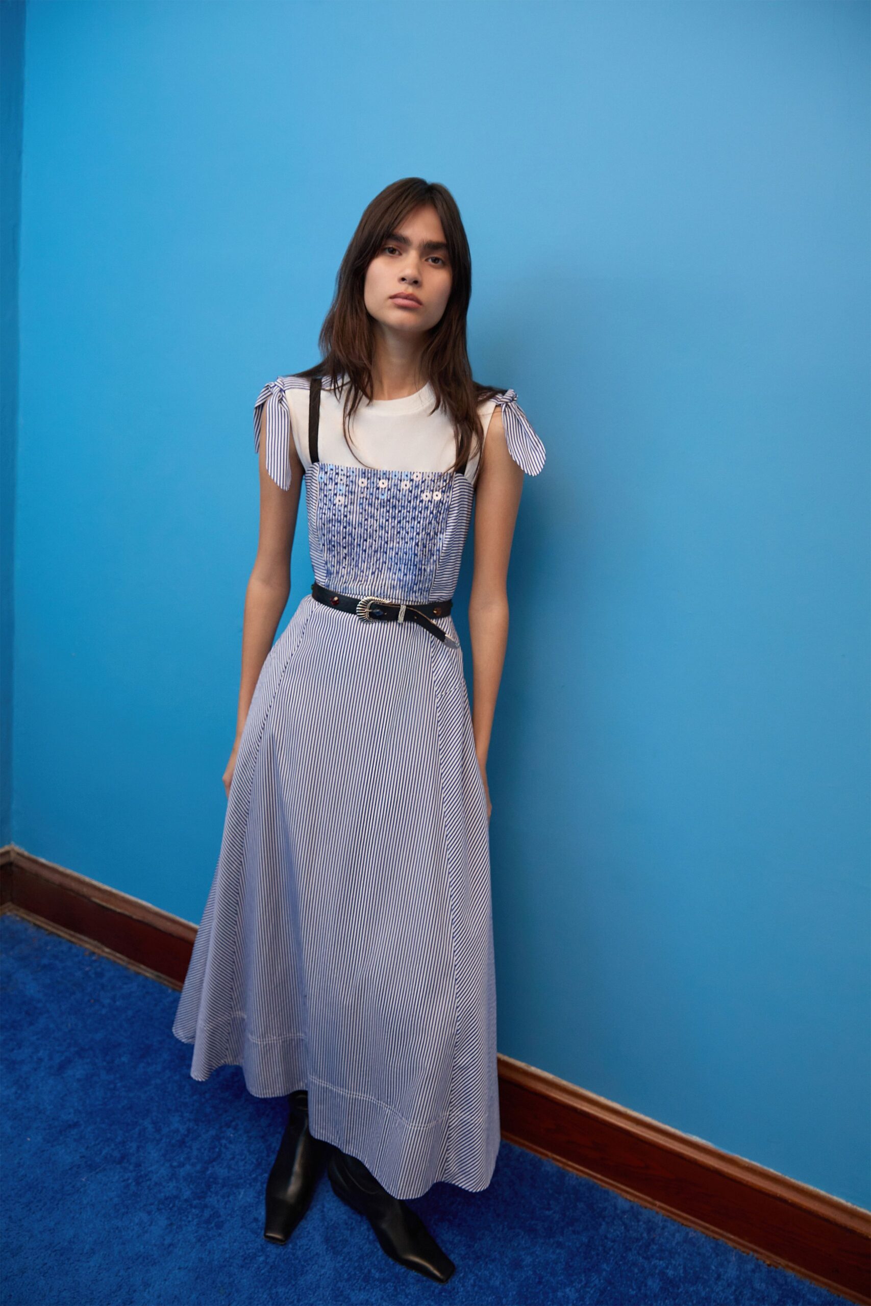 blue and white striped midi dress