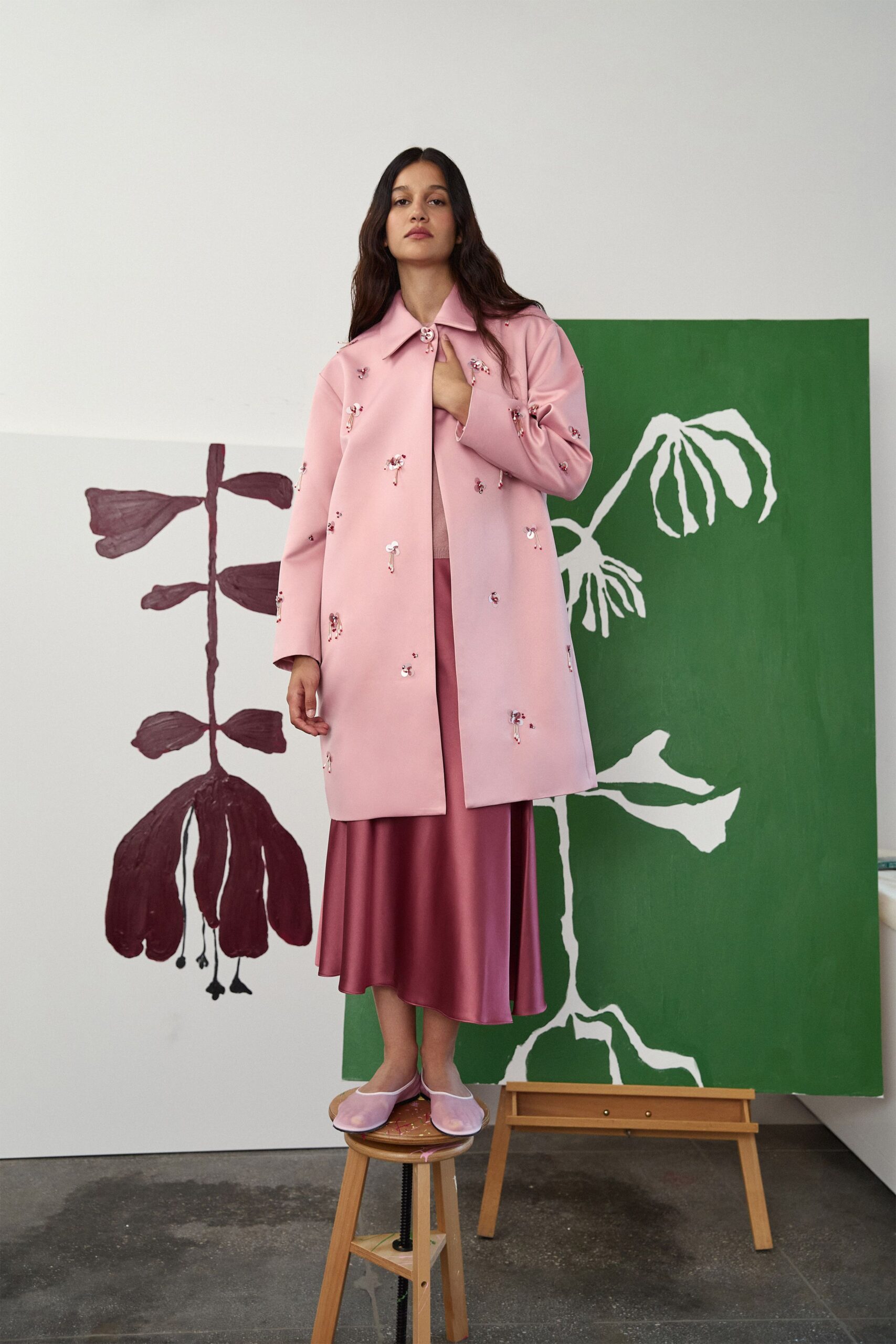 pink cotton long-sleeve collared relaxed embroidered coat