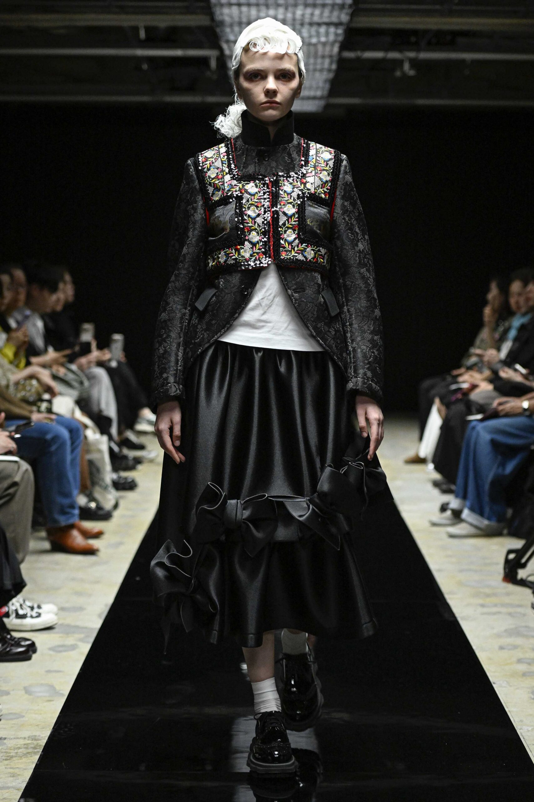 black cotton long-sleeve collared structured embroidered jacket