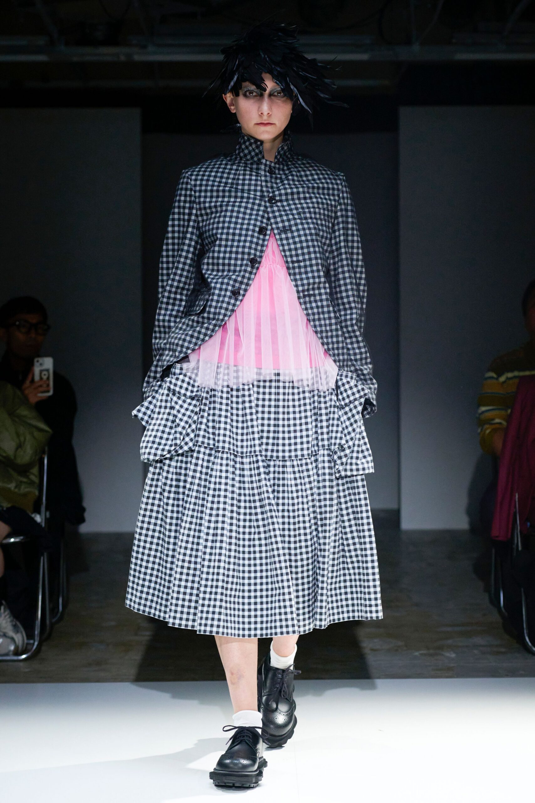 checked jacket layered pink dress
