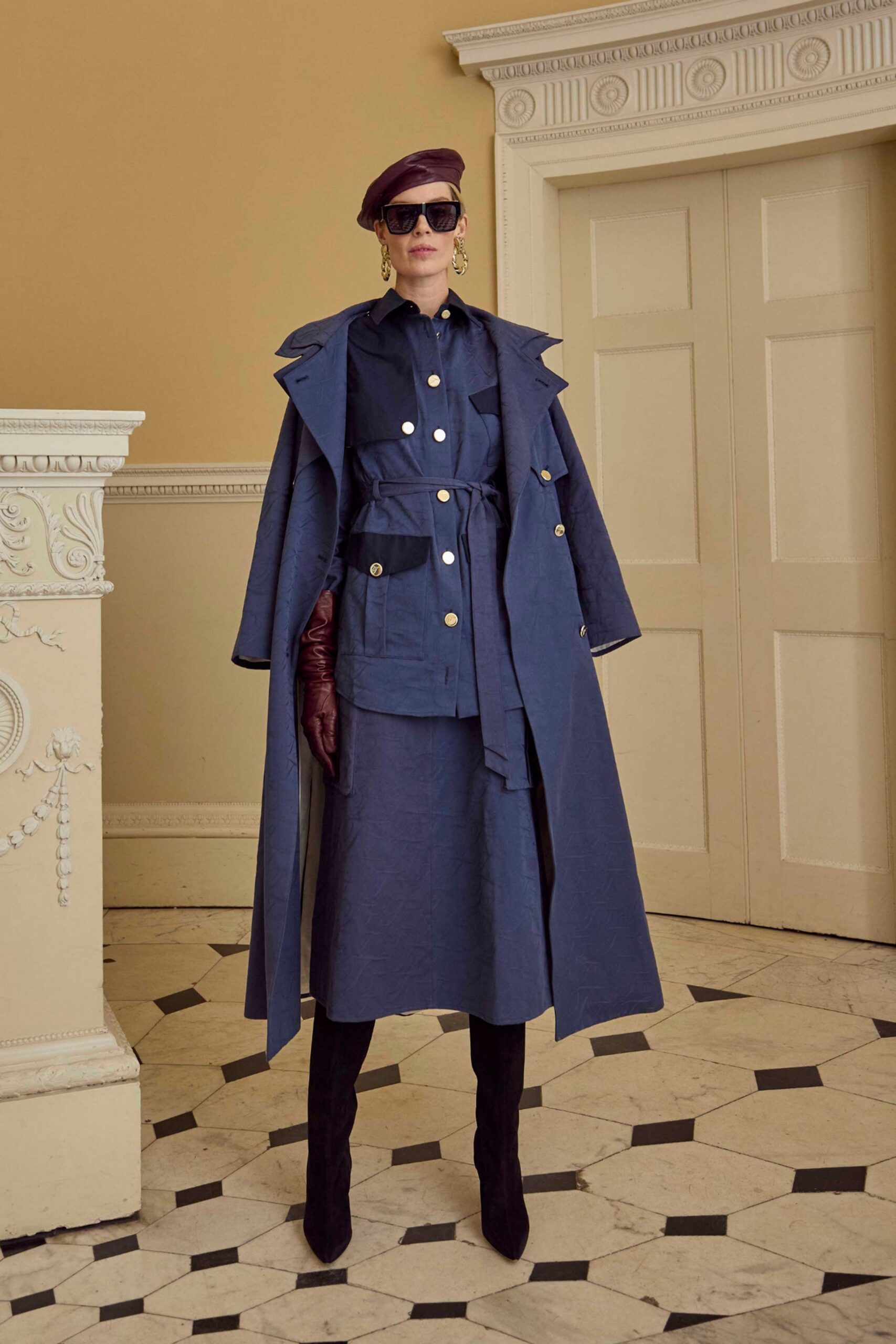 blue cotton long-sleeve collared fitted buttoned midi dress