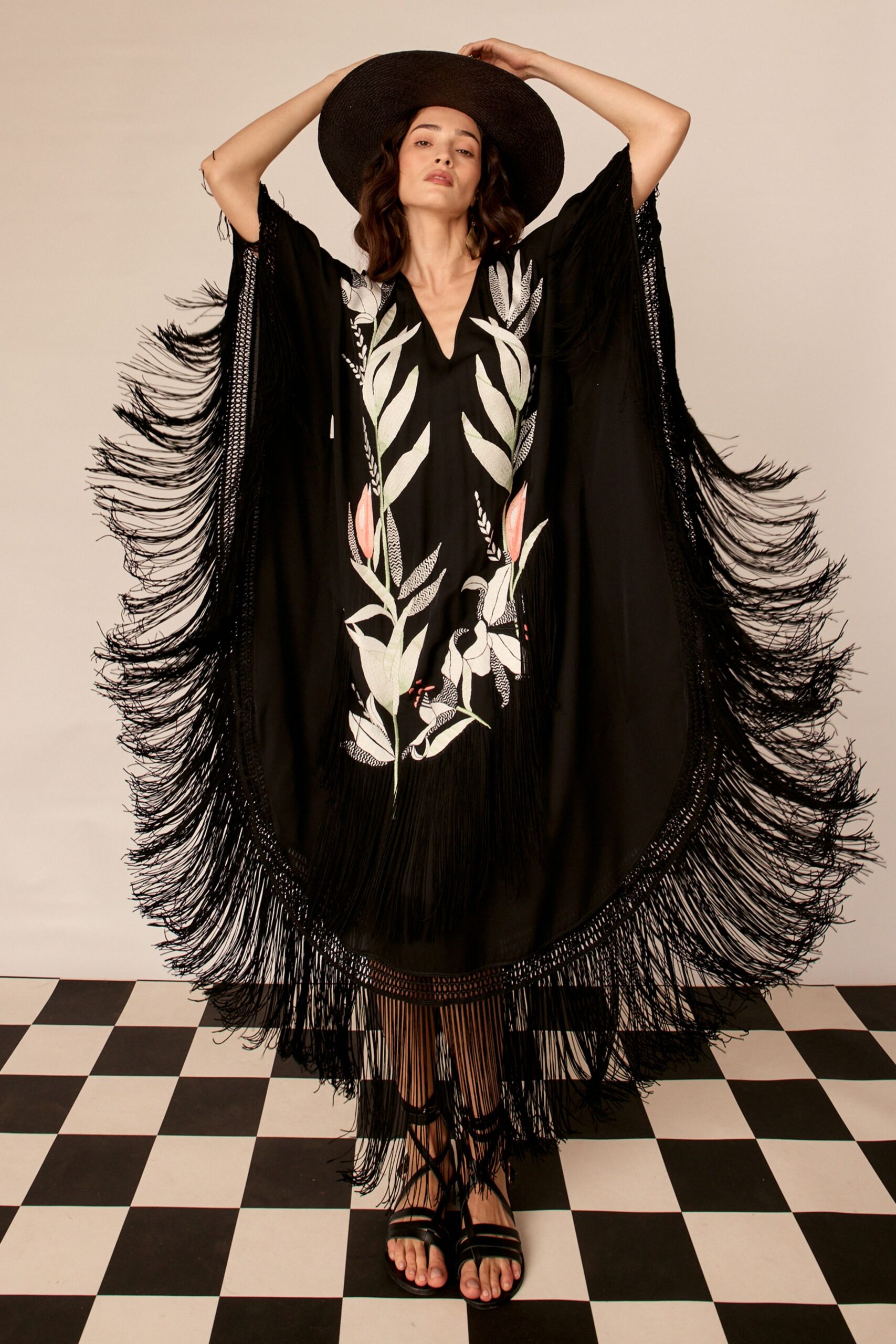 black silk sleeveless v-neck relaxed fringed embroidered cape