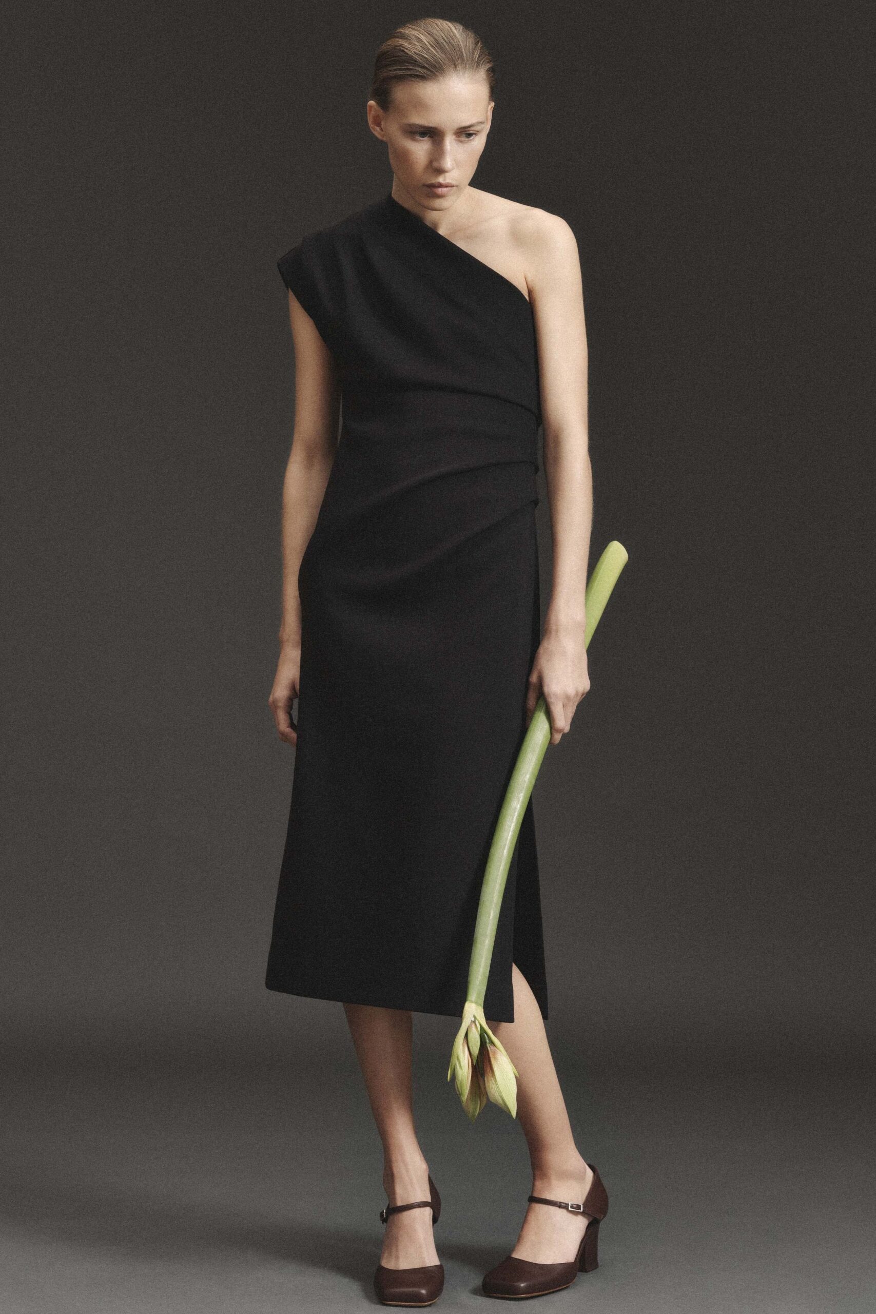 black asymmetric midi dress with heels