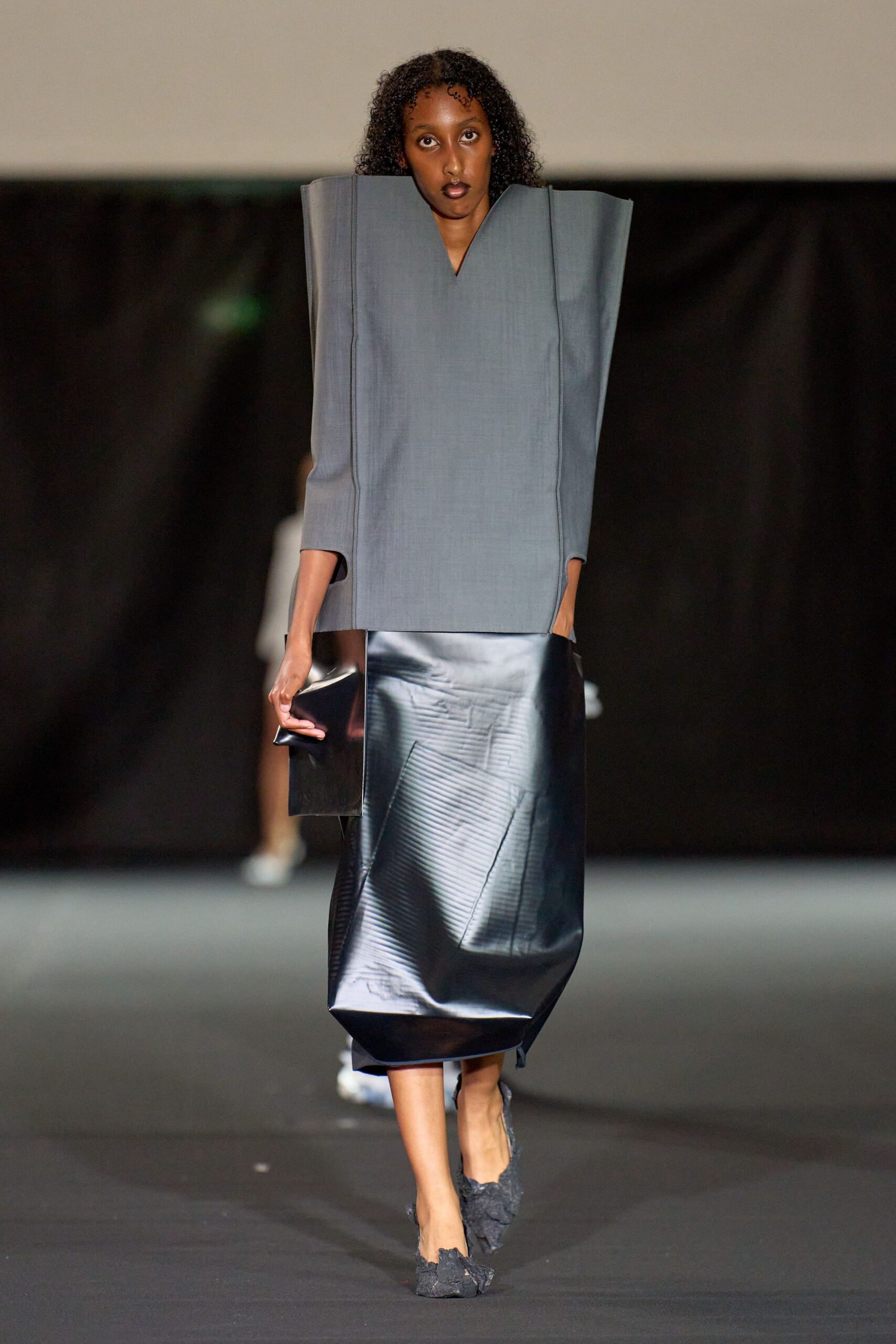 gray cotton long-sleeve v-neck fitted structured midi dress