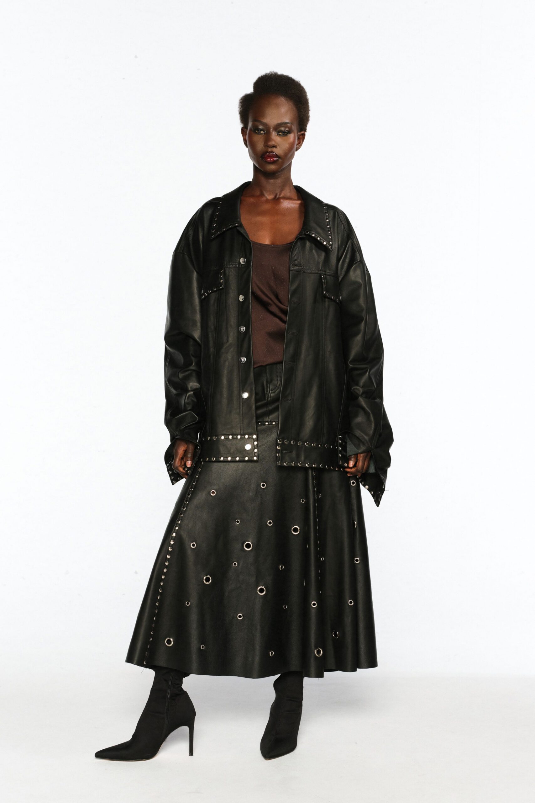 black leather long-sleeve collared oversized buttoned jacket