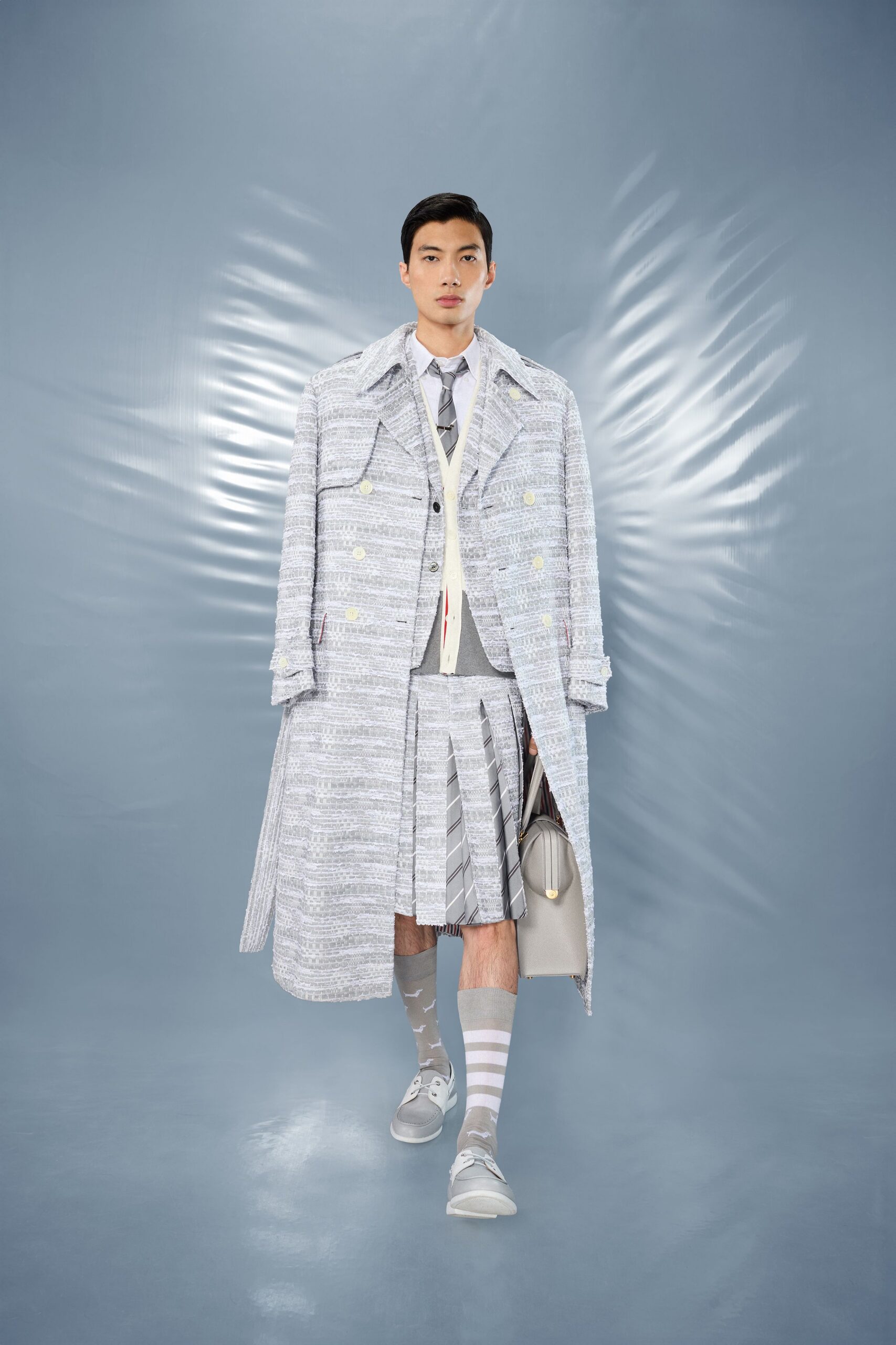 gray tweed long-sleeve collared structured buttoned coat