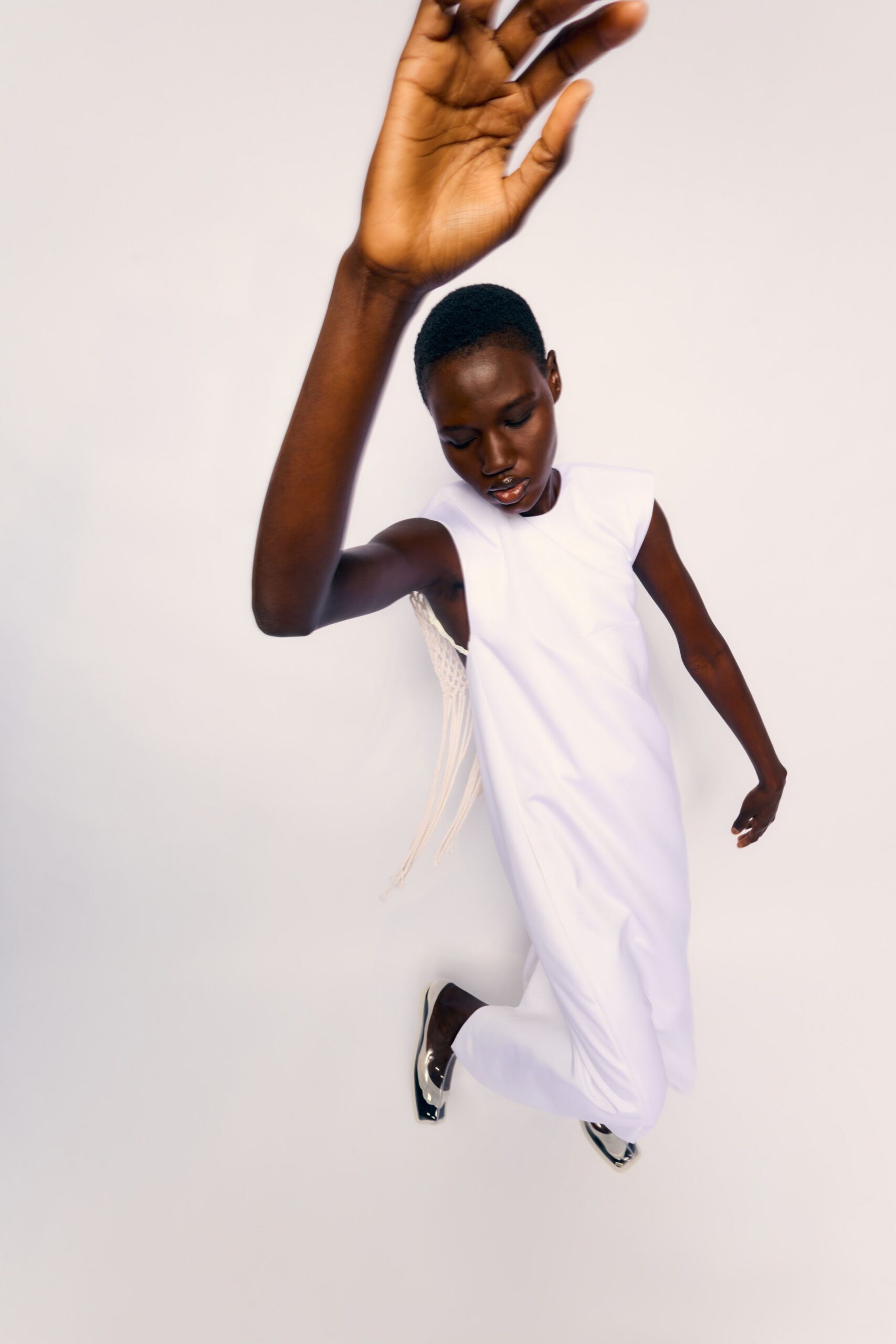 white cotton sleeveless high-neck fitted draped midi dress