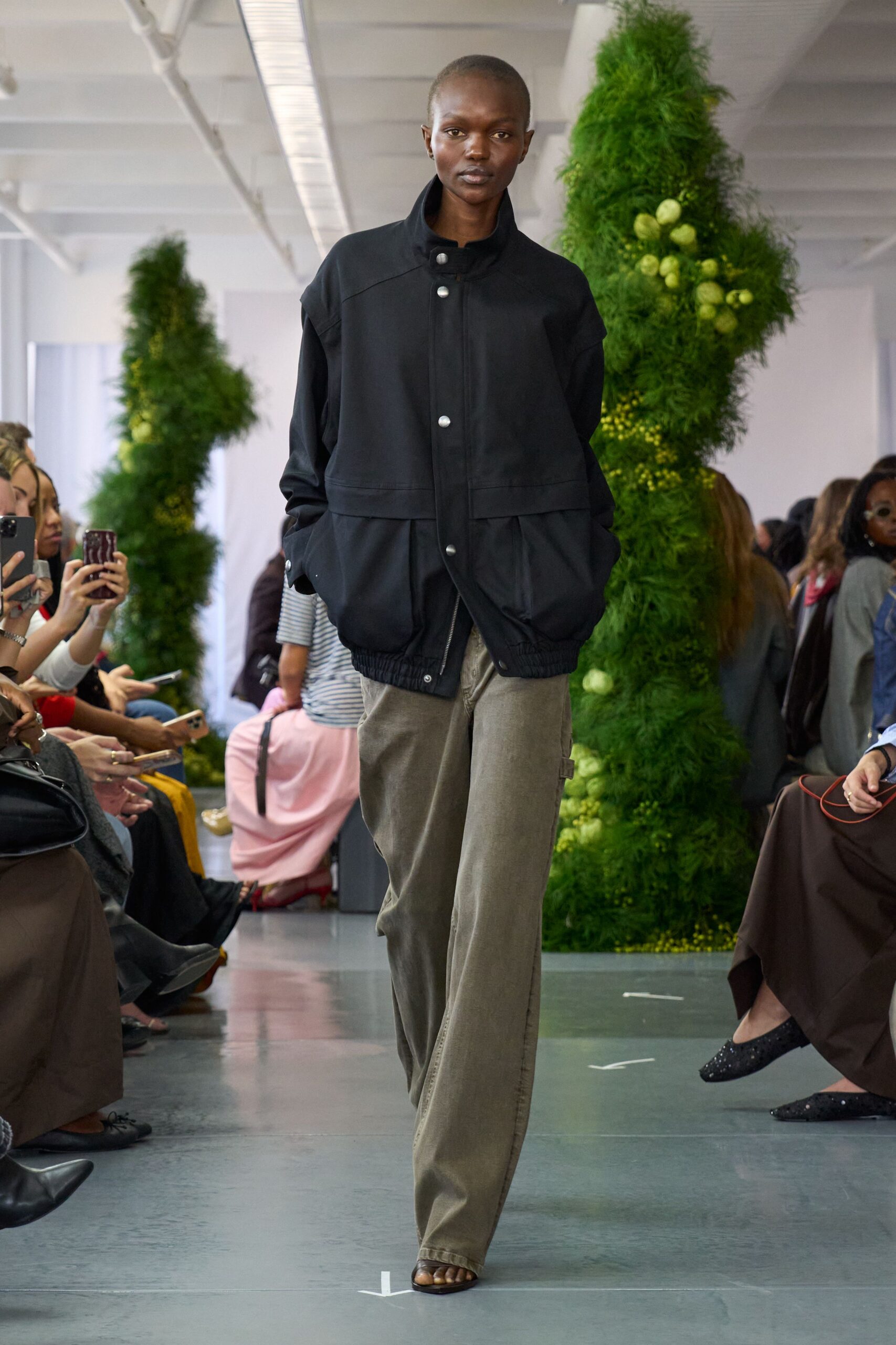 black relaxed jacket with gray pants