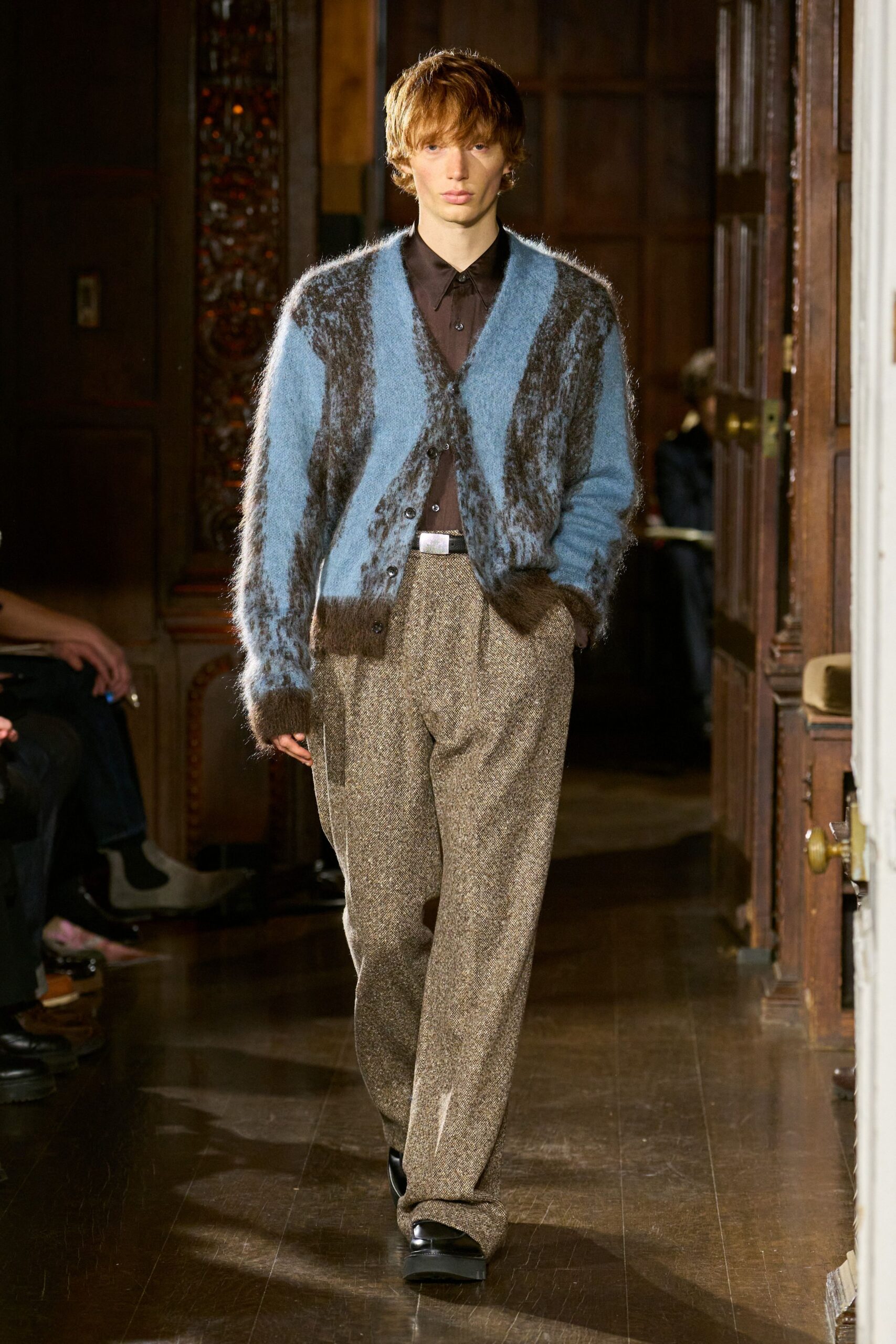 blue wool long-sleeve collared relaxed layered cardigan