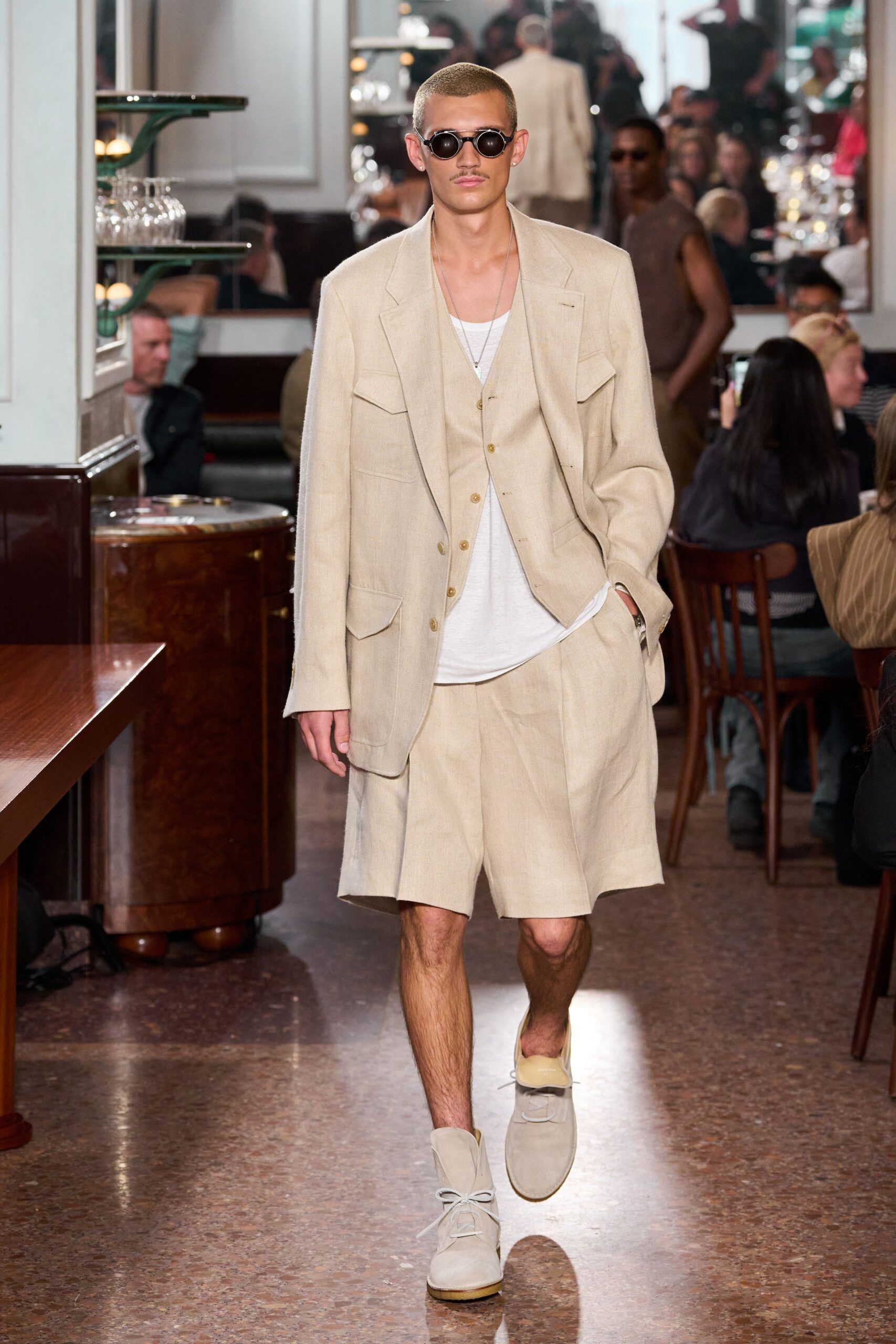 beige linen blazer and shorts