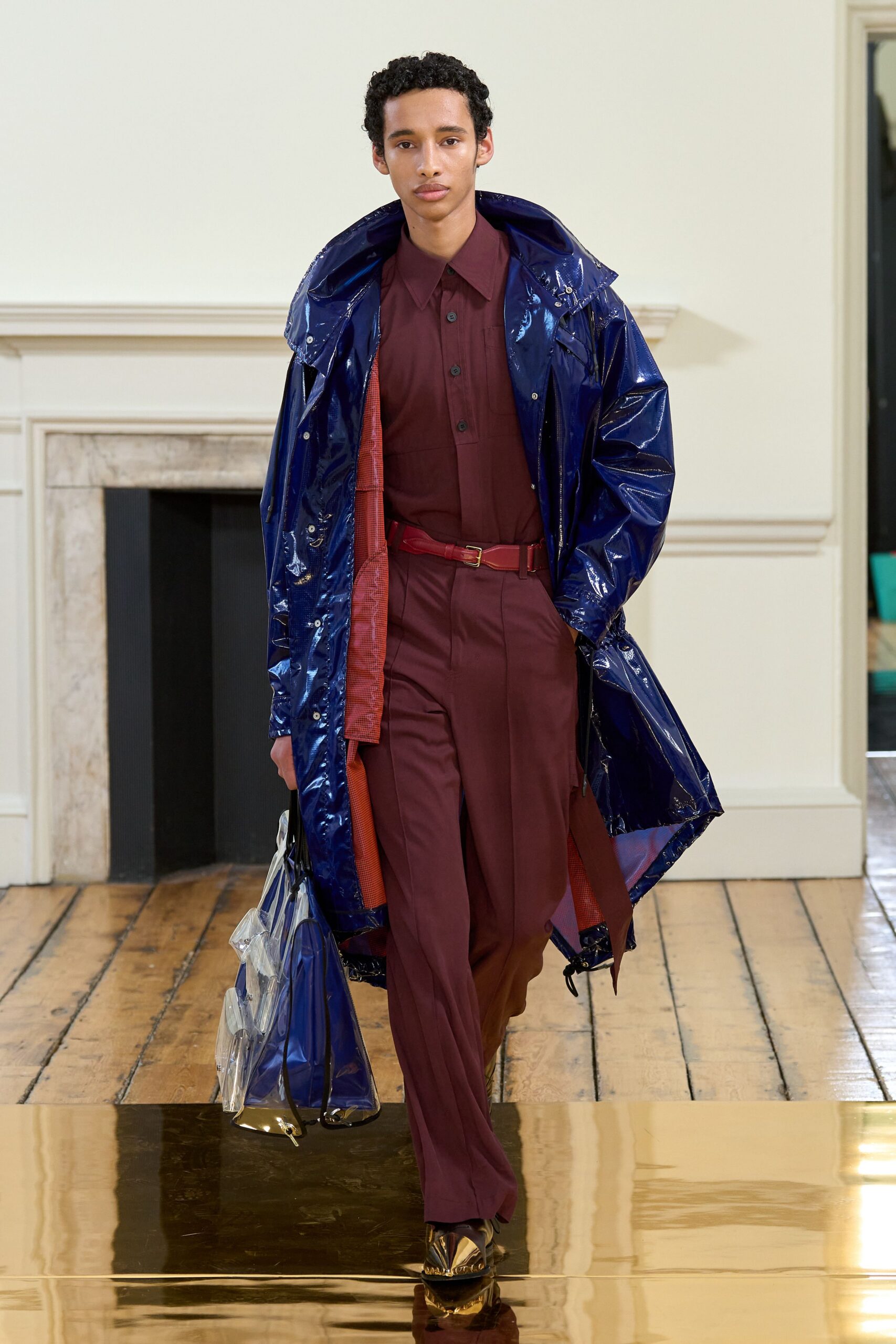 blue vinyl long-sleeve collared relaxed zippered shiny coat